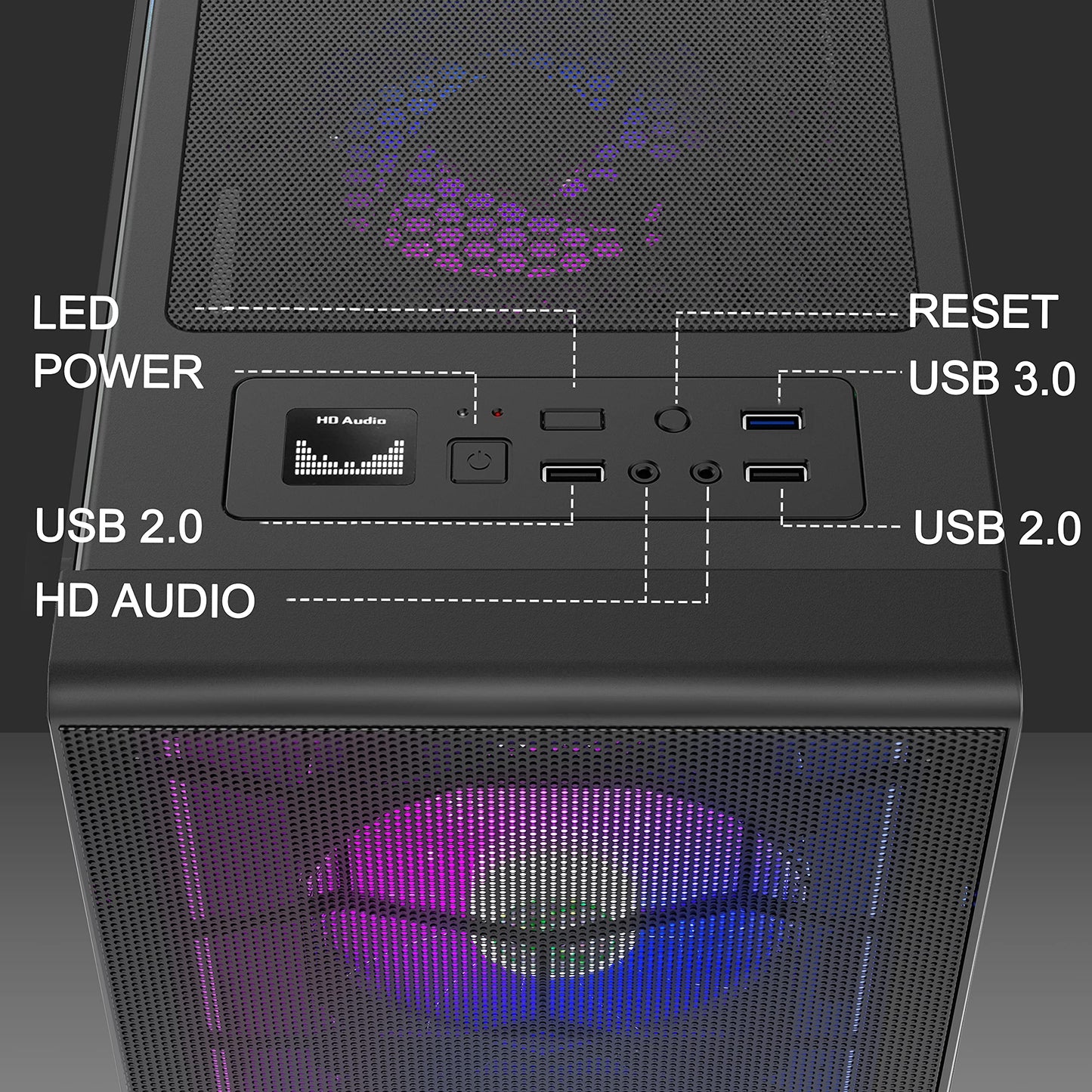 MUSETEX Mesh ATX Mid-Tower Computer Gaming Case with 6 PCS × 120mm LED ARGB Fans USB 3.0 Port Mesh Front Panel & Tempered Glass PC Chassis(G05MN6-HW)