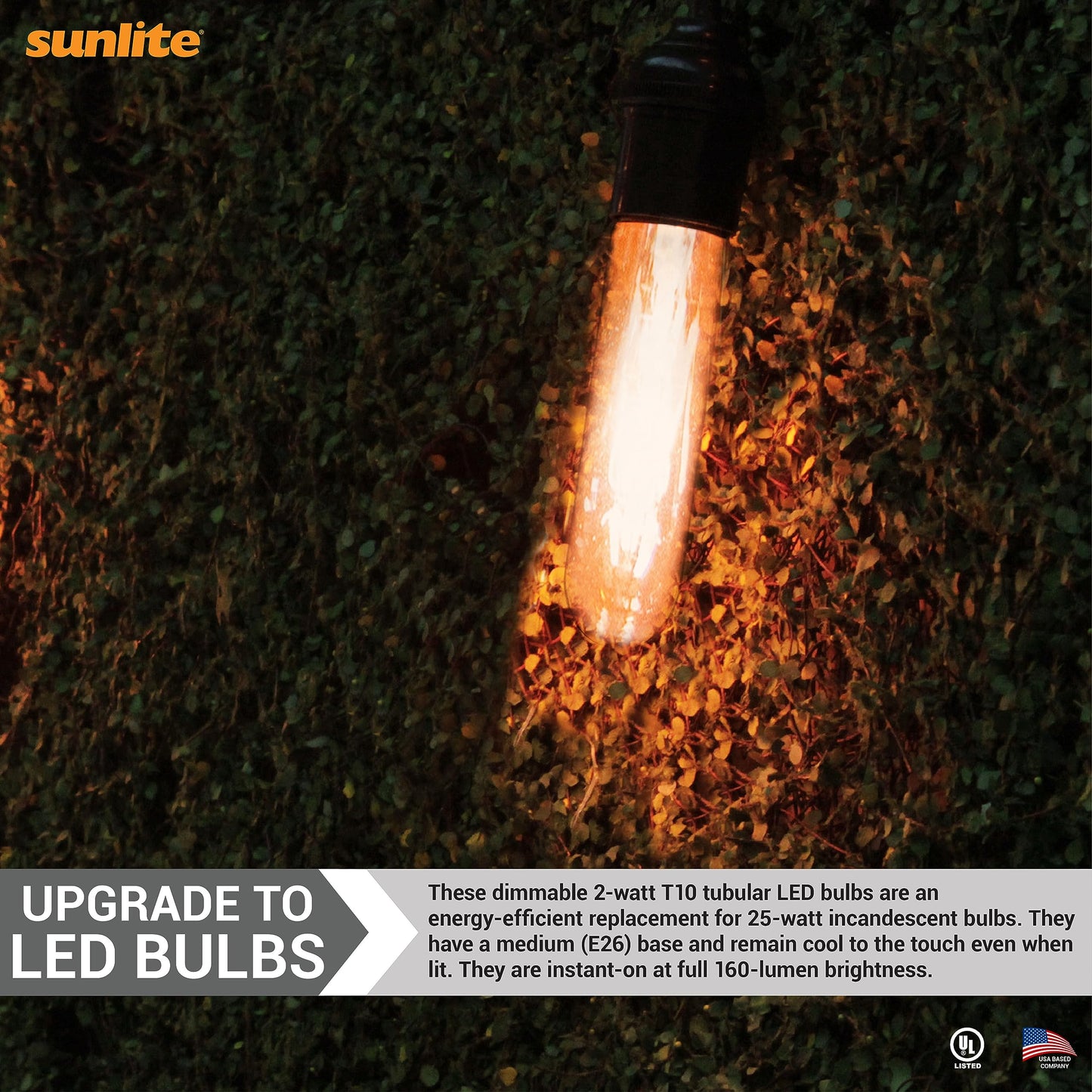 Sunlite 41790 LED Edison T10/T30 Tubular Light Bulb, 2 Watts (25W Equivalent), 160 Lumens, Medium E26 Base, 120 Volts, Dimmable, 90 CRI, UL Listed