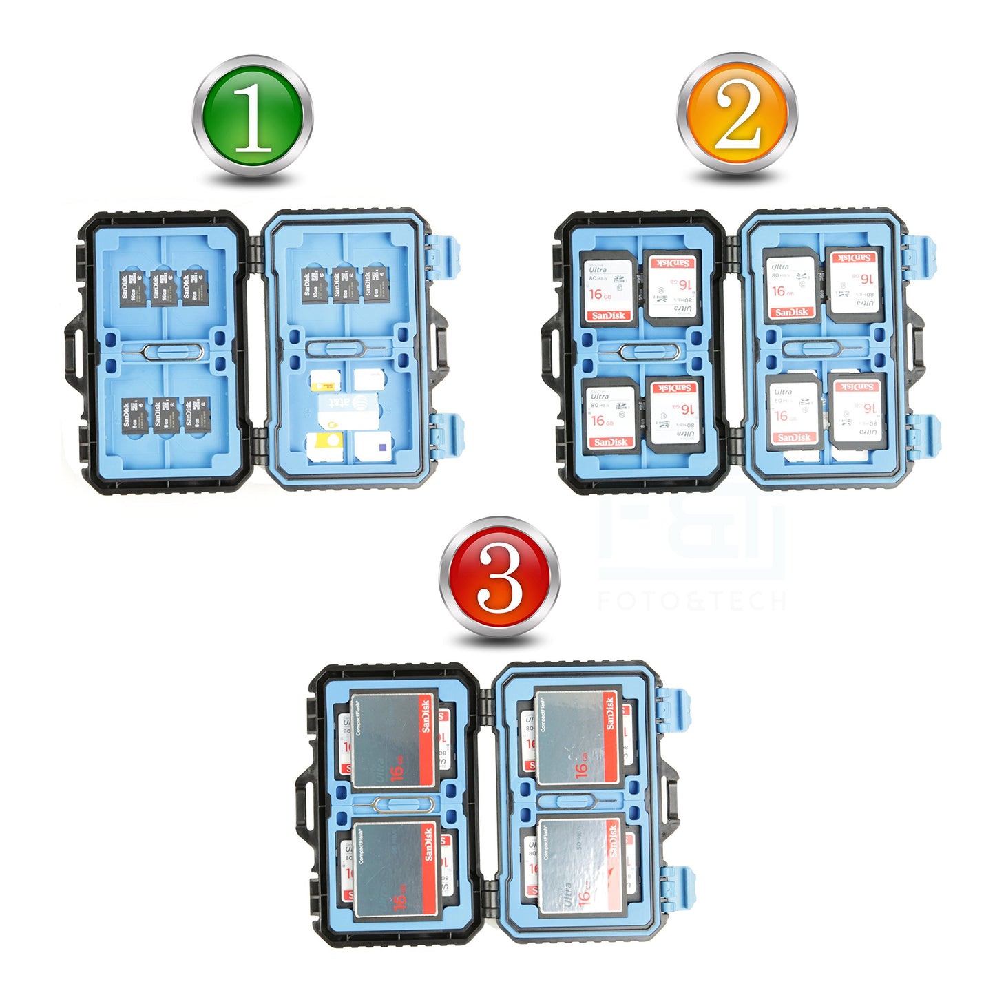 Foto&Tech High Capacity Multi-Format Storage Case - 28 Slot Waterproof Case for SD, CF, TF Cards; Includes Micro SD, SIM Card Holders