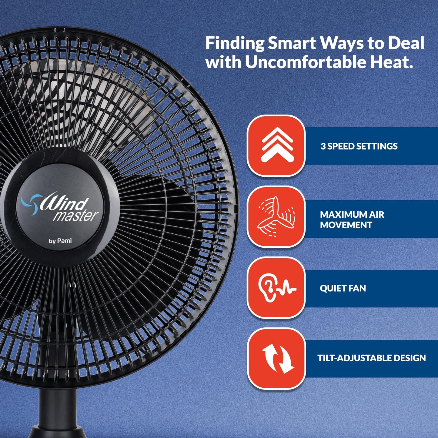 PAMI 16 in Oscillating Desk Fan,3 Speed,Adjustable Tilt,Portable,Black