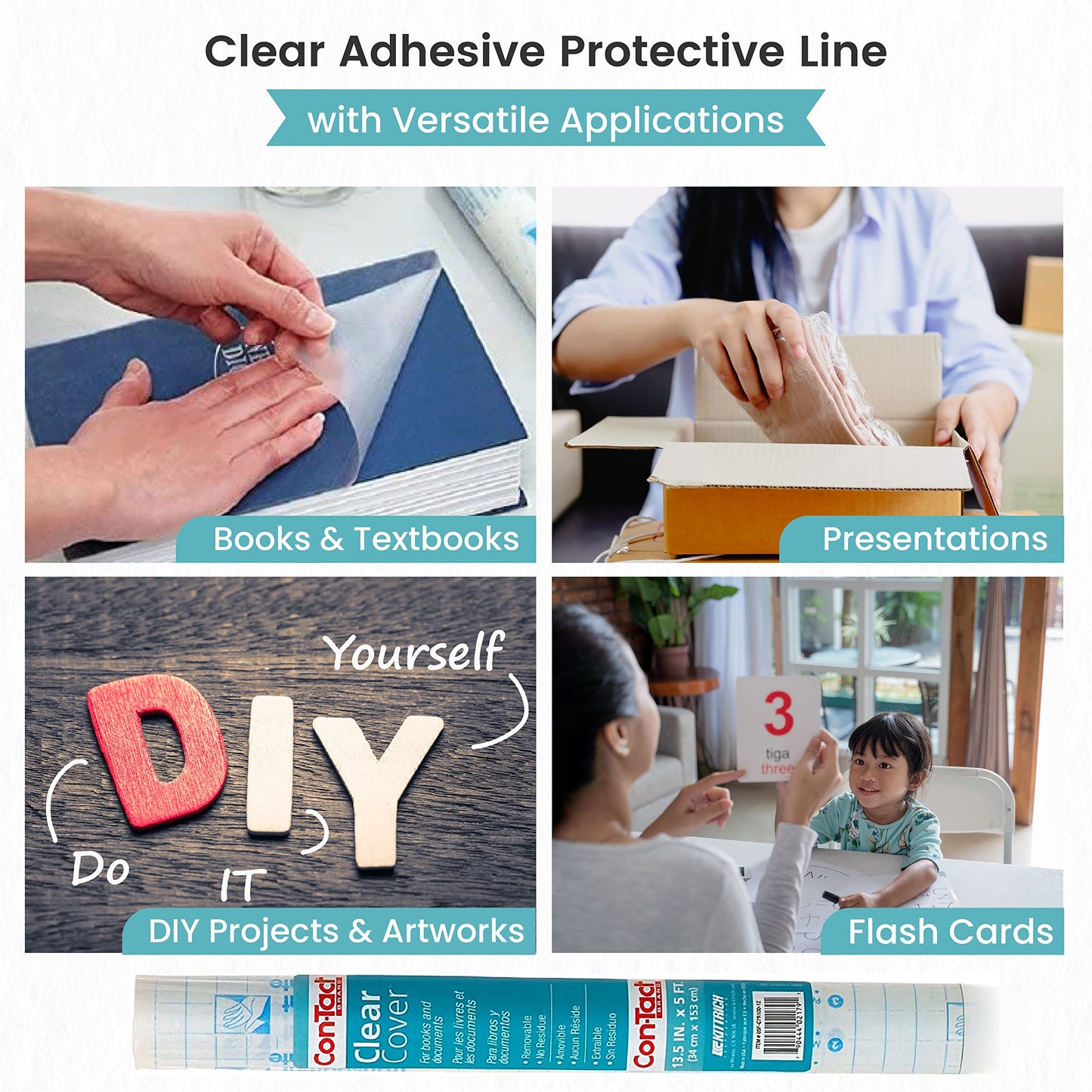 Con-Tact Brand Clear Adhesive Protective Liner, Protect Books and Documents, Easy to Apply Book Cover, 13.5'' x 5'