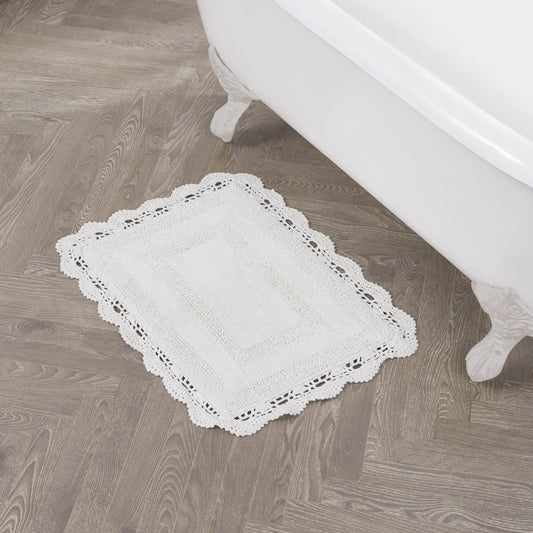Laura Ashley Absorbent Bath Mat Reversible Crochet Soft and Plush Bathroom Mat 100% Cotton 17x24 Bath Rug, White