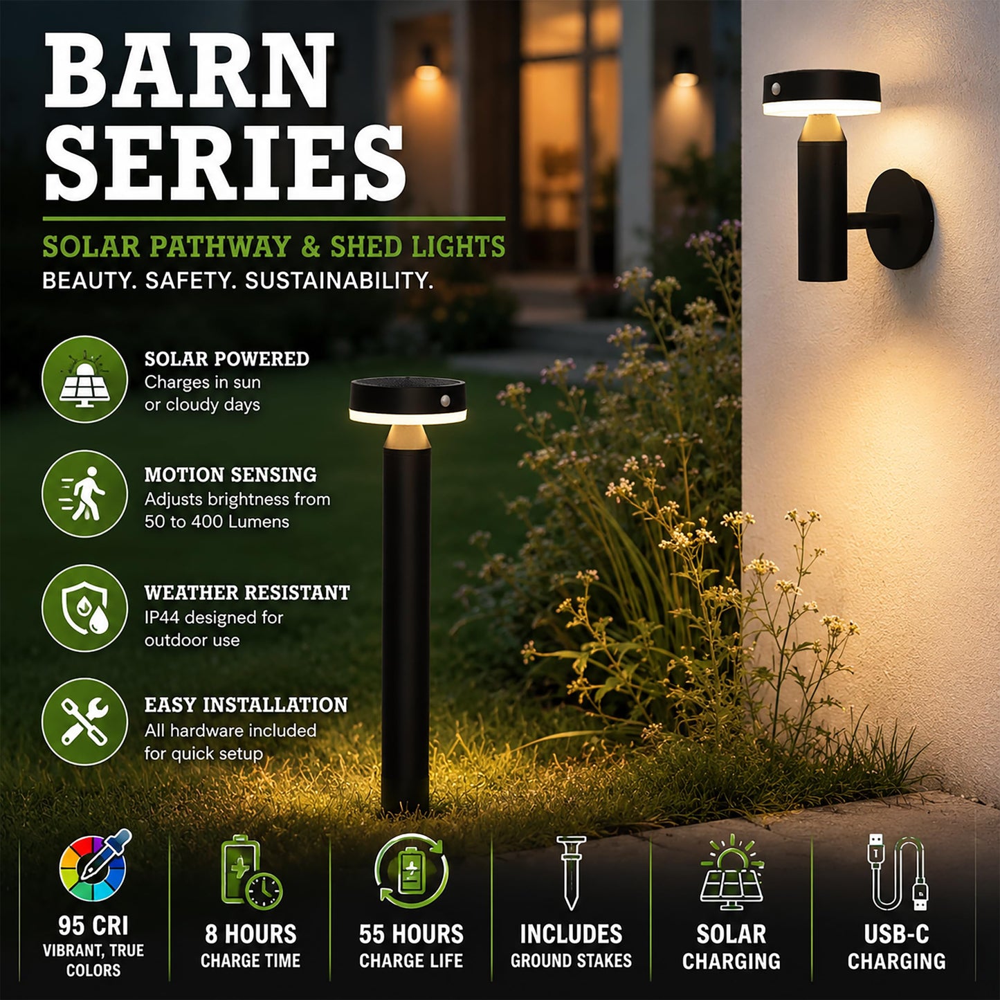 VerLuce - Round Solar Wall Lights - Solar Powered Wall Lamps - LED Lights - PIR Sensor & Two Lighting Modes - Rechargeable Battery - 3000K, 1.3W Solar