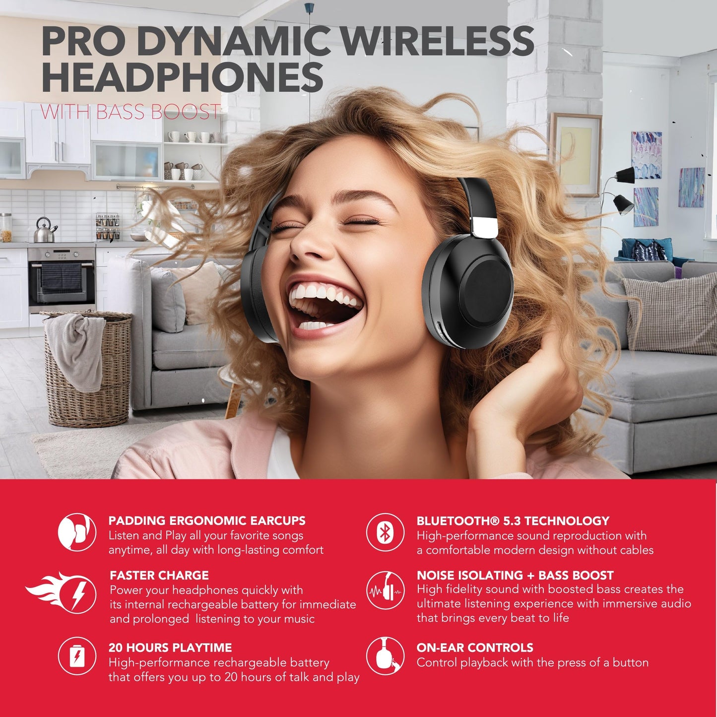 RCA Wave-54 Wireless Over-Ear Bluetooth Headphones, Hi-Res Audio, Deep Bass, Noise Cancelling, Bluetooth 5.3, Foldable Headset with Mic, 12H…