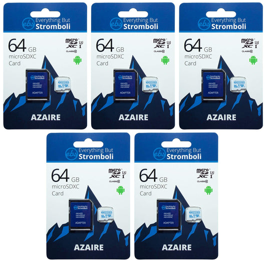 Everything But Stromboli 64GB MicroSD Azaire Memory Card & Adapter (5 Pack) Works with Action Cams & Drones, GoPro Hero Cameras, DJI Mavic, Phantom