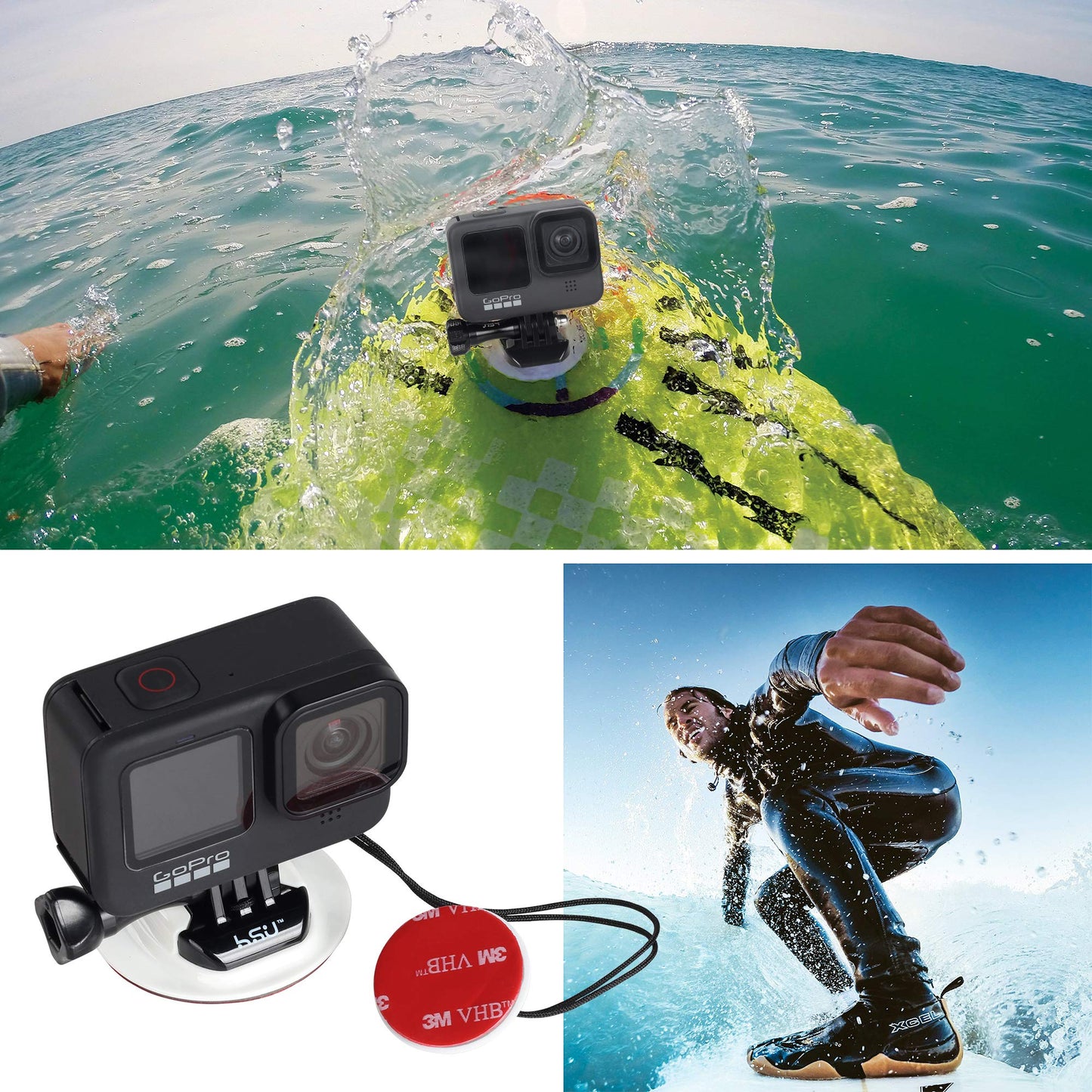 HSU Surf Mounts and Accessories for Ski, Snorkeling, Surfing, Wakeboarding Fitting GoPro Hero 13,12,11,10,9,8,7,6,5 Black, Silver, AKASO Campark,