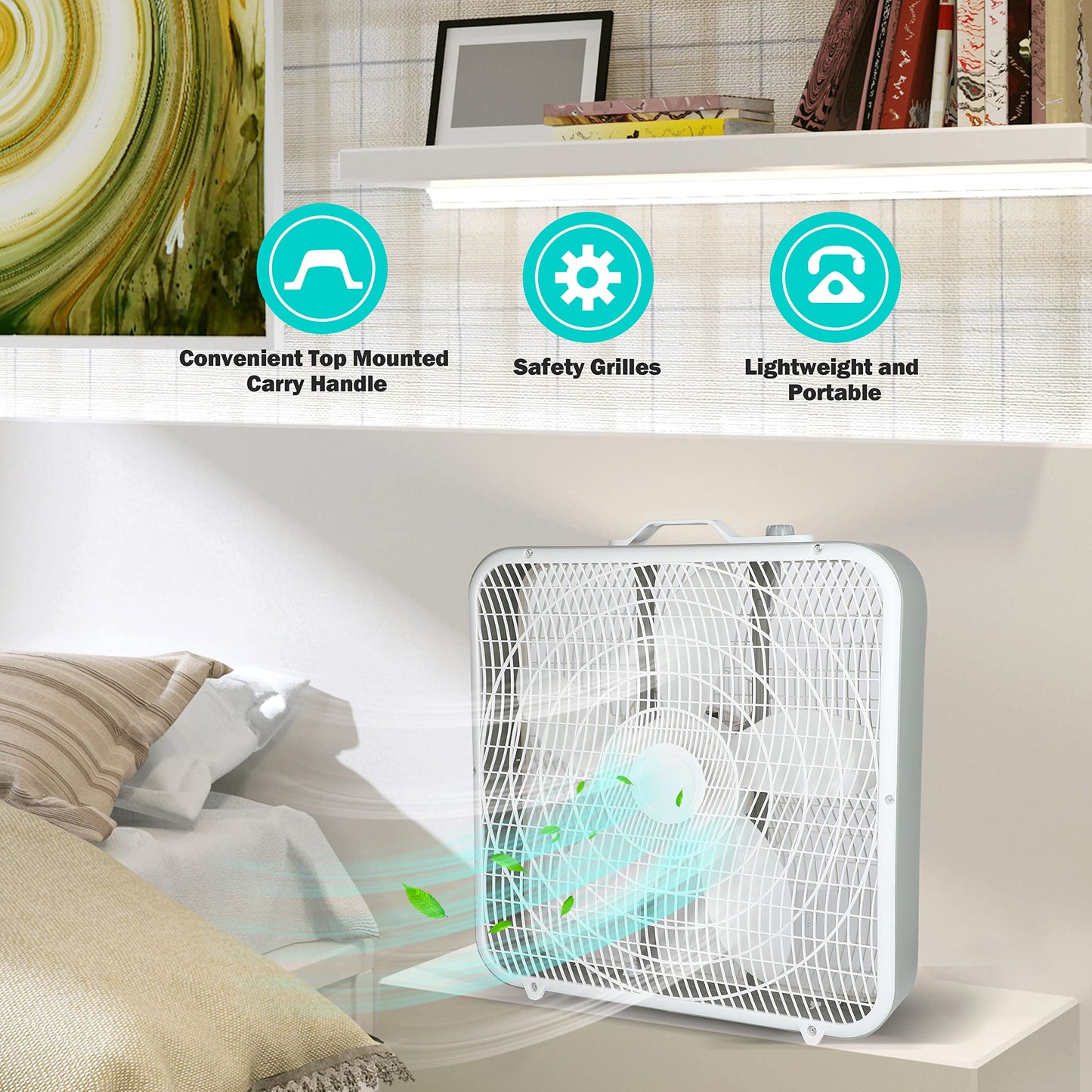 Simple Deluxe Box Fan, 3-Speed Cooling Floor Fan with Aerodynamic Shaped Fan Blades, Convenient Carry Handle and Safety Grills, Suitable for Home