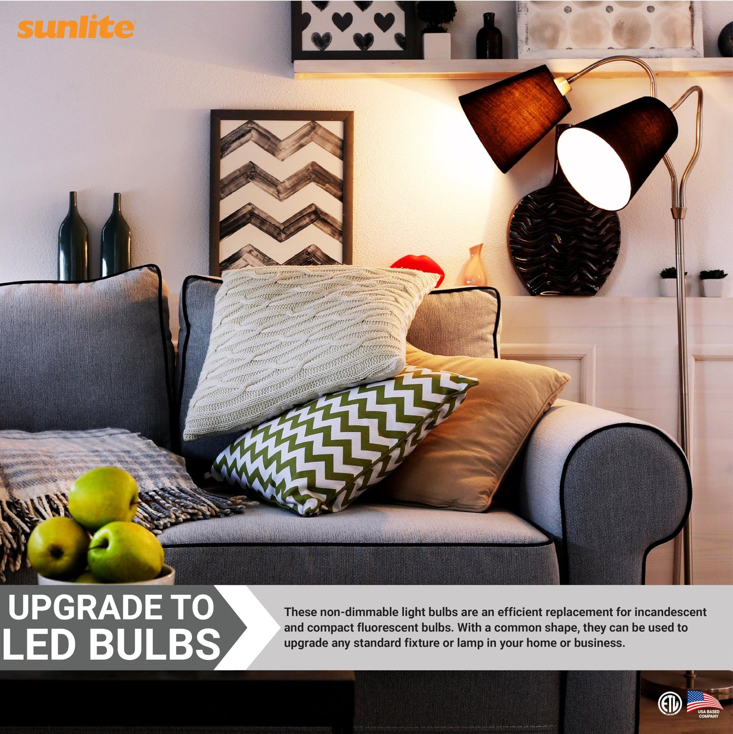 Sunlite 80859-SU LED A19 Light Bulb, Non-Dimmable 12 Watt (75W Equivalent), 1100 Lumens, Medium (E26) Base,ETL Listed, 3000K Warm White, 3 Count
