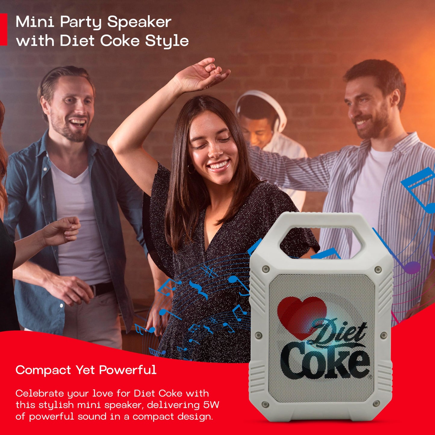 Diet Coke Portable Bluetooth 5.4 Speaker with Handle, Dual 5W Speakers, Multi-Connectivity (AUX/USB/MicroSD/FM), Hands-Free Calling, Lightweight