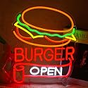 BNEMCEZH Burger Open Neon Sign Dimmable Delicious Hamburger LED Light Sign for Wall Decor USB Powered Business Fast Food Open Light up Sign