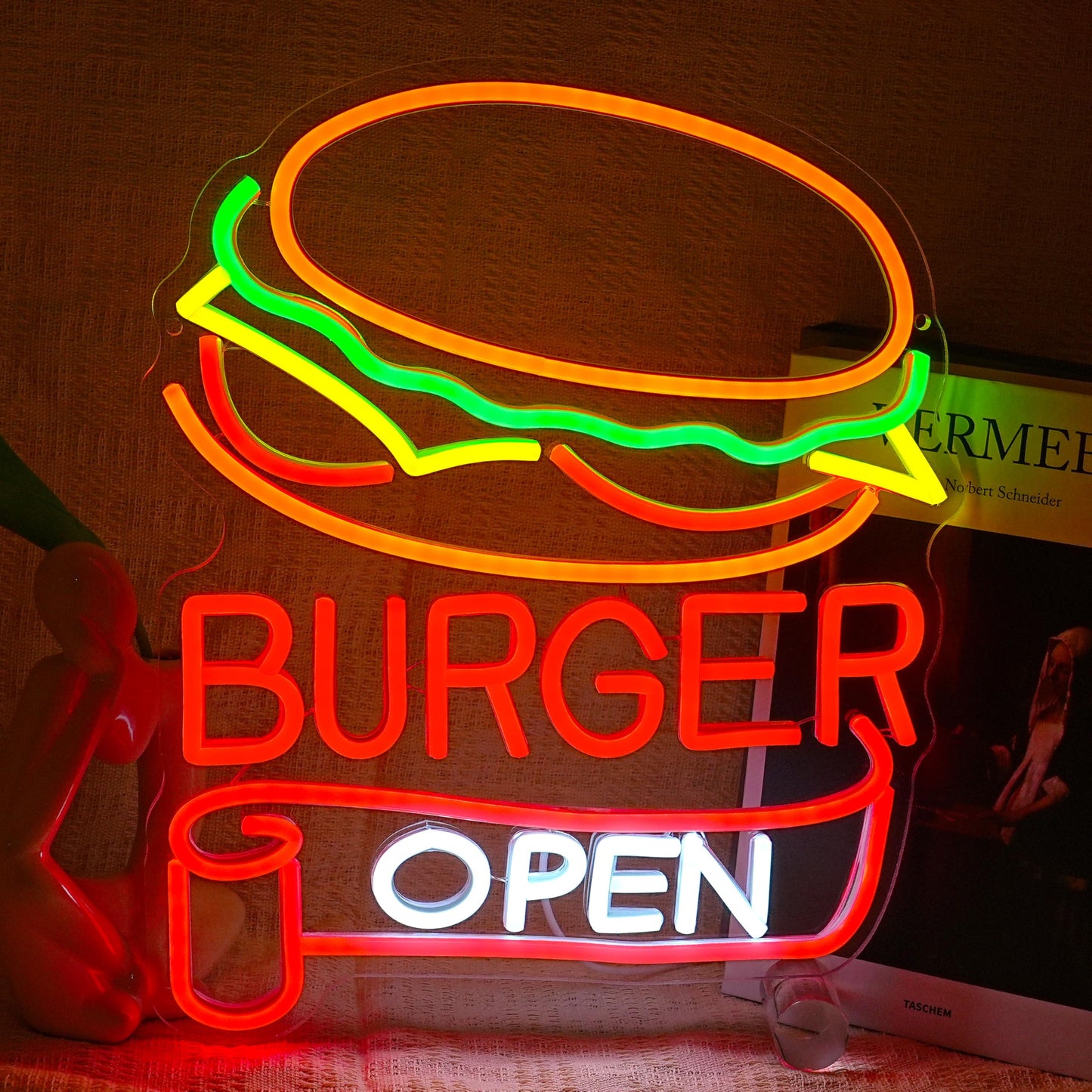 BNEMCEZH Burger Open Neon Sign Dimmable Delicious Hamburger LED Light Sign for Wall Decor USB Powered Business Fast Food Open Light up Sign