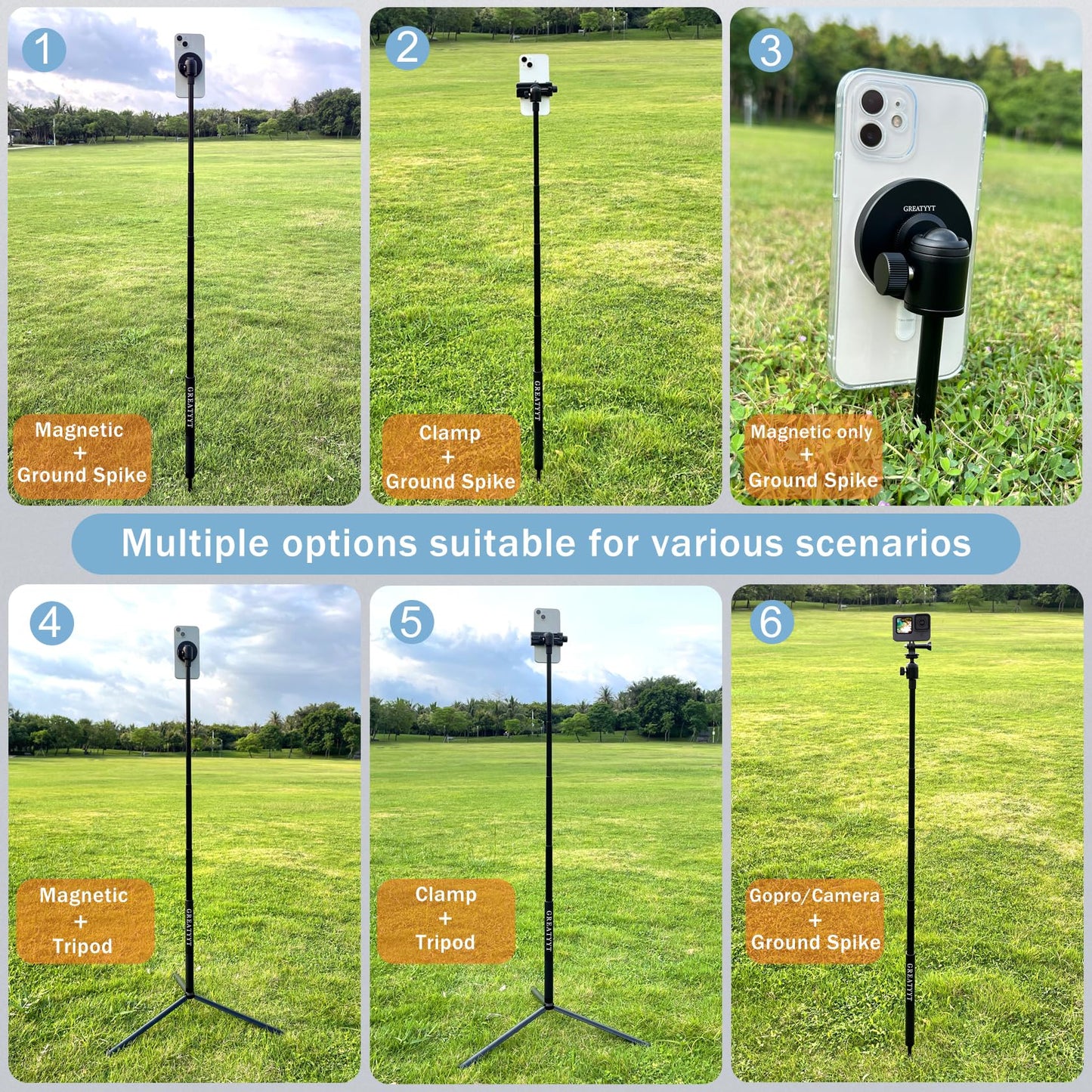 GreatYYT Monopod and Tripod Selfie Stick to Record Golf Swing - Multi Functional Phone Holder with Magnetic and Phone Holder - Golf Training Aid