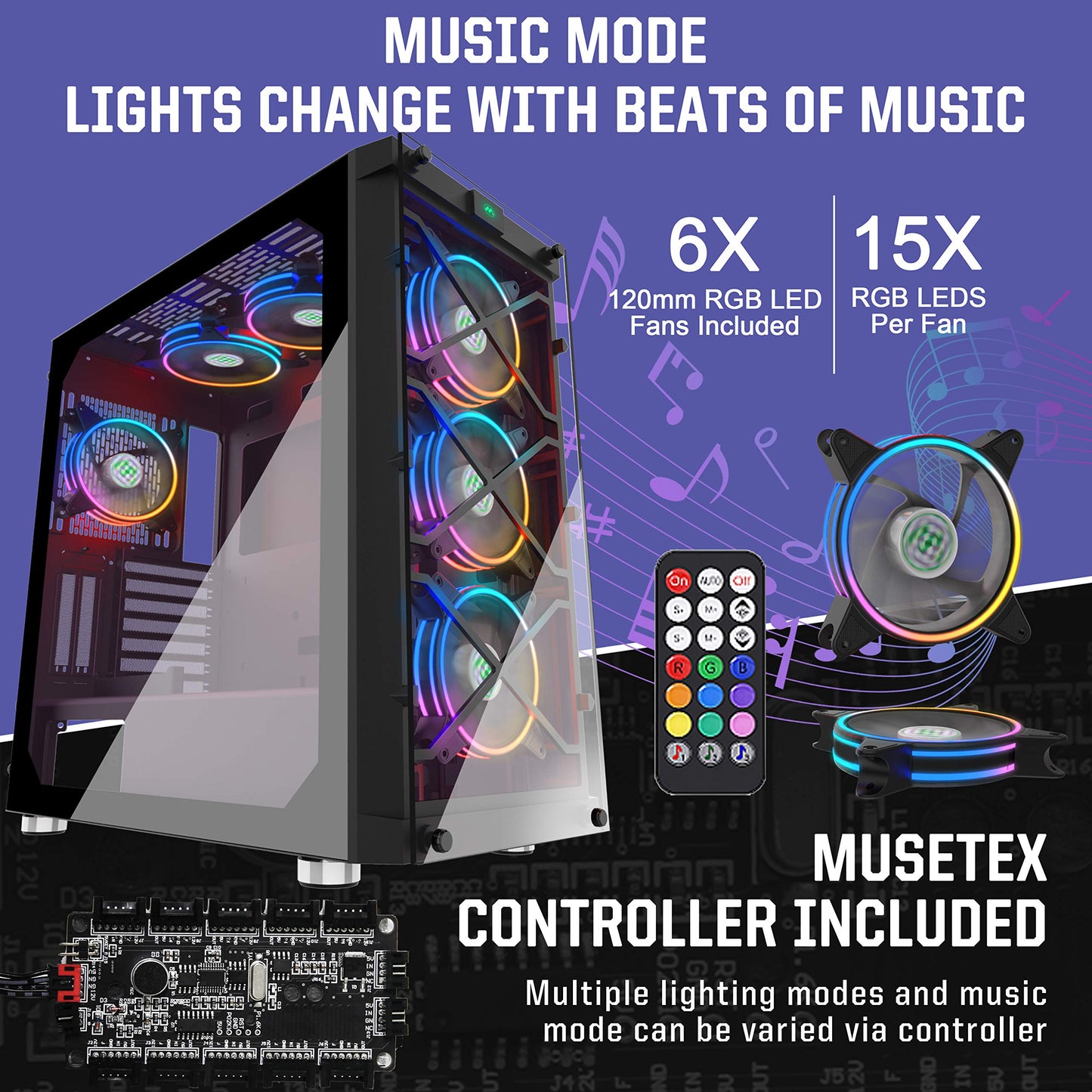 MUSETEX 6 PCS × 120mm LED ARGB Fans Pre-Installed & 2 PCS × USB 3.0 Ports?Gaming PC Case High Airflow ATX Mid Tower Case with Voice Control System, 2
