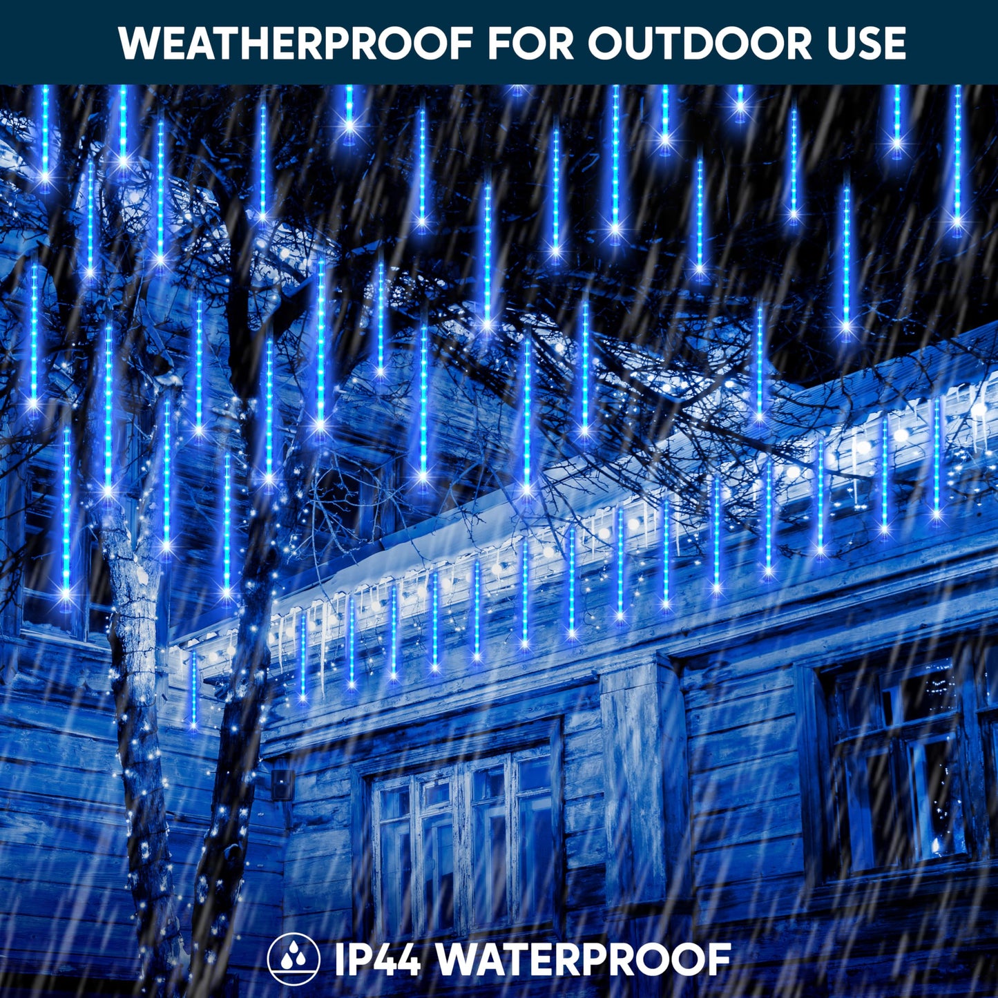 JOYIN Christmas Lights Outdoor,8 Tubes Meteor Shower Lights Blue,192 LEDs, Snowfall Icicle Cascading Rain Light for Christmas Tree Decorations