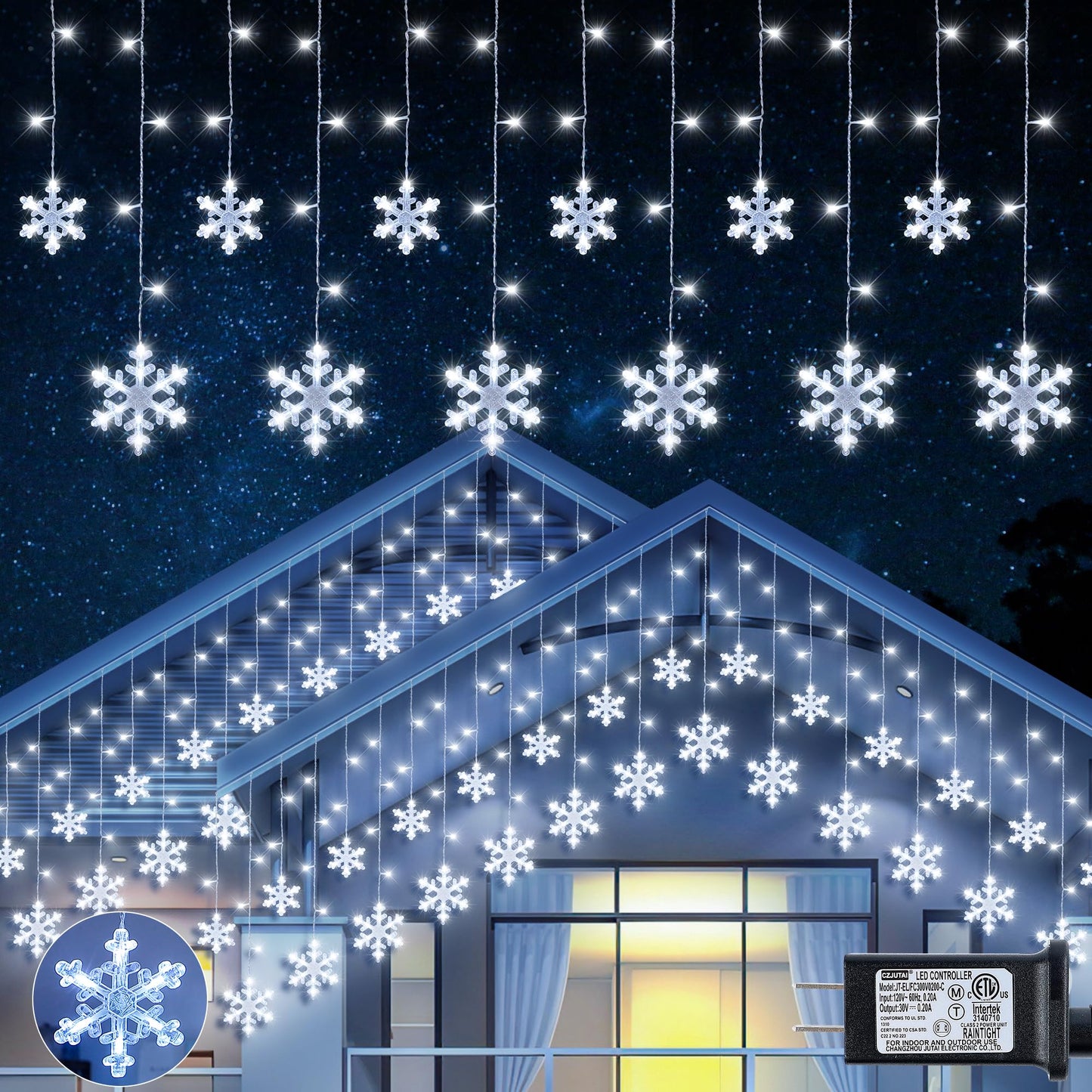 Qunlight Christmas Snowflake Icicle Lights,6.5ft 144LED Curtain Lights Outdoor with 12 Drops, 8 Modes Waterproof Connectable Fairy Light for Eaves