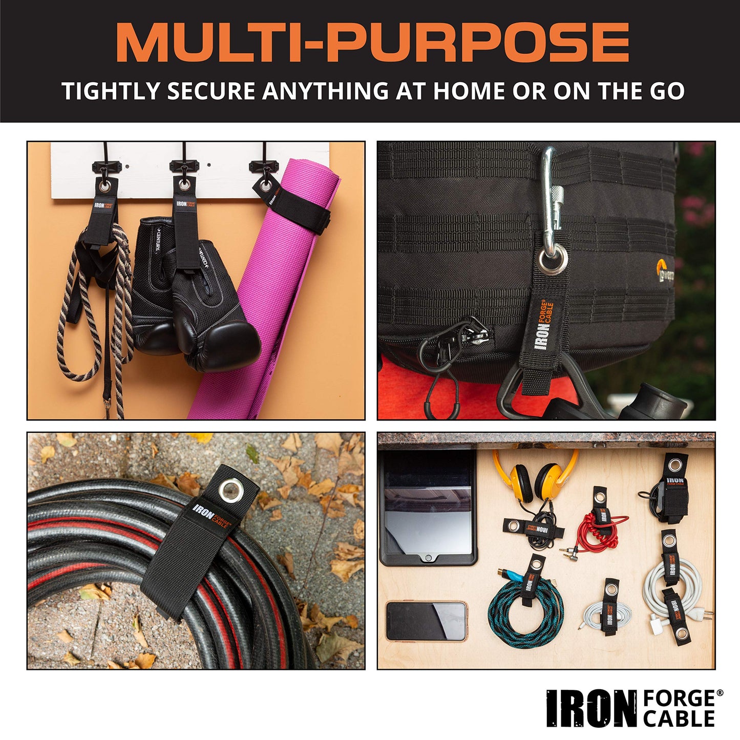 Iron Forge Cable Extension Cord Wrap Organizer, 12 Piece Multi-Pack - 2 Pieces of Medium, Large, and XL Hook and Loop Hanger Wraps Up to 50 lbs