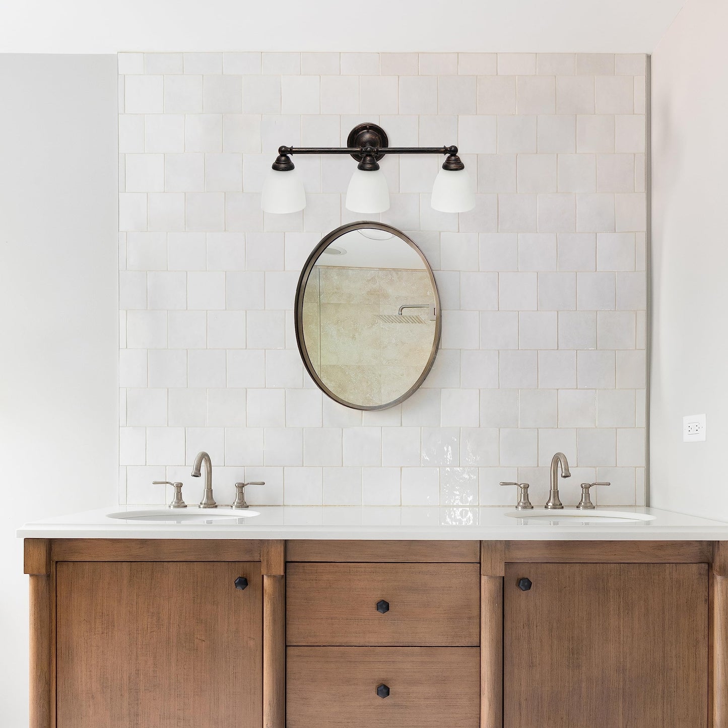 Simple Designs VT1025-ORB 25" Classic 3 Light Metal Bar and Frosted Cone Shape Glass Shades Decorative Wall Mounted Vanity, Oil Rubbed Bronze