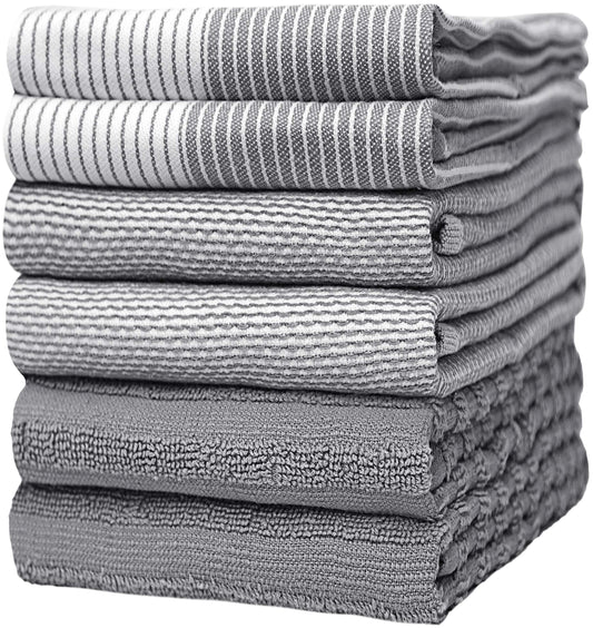 Premium Cotton Kitchen Towels 6 Pack (20”x28”) – Large, Absorbent Flat & Terry Dish Cloths with Hanging Loop – Gray