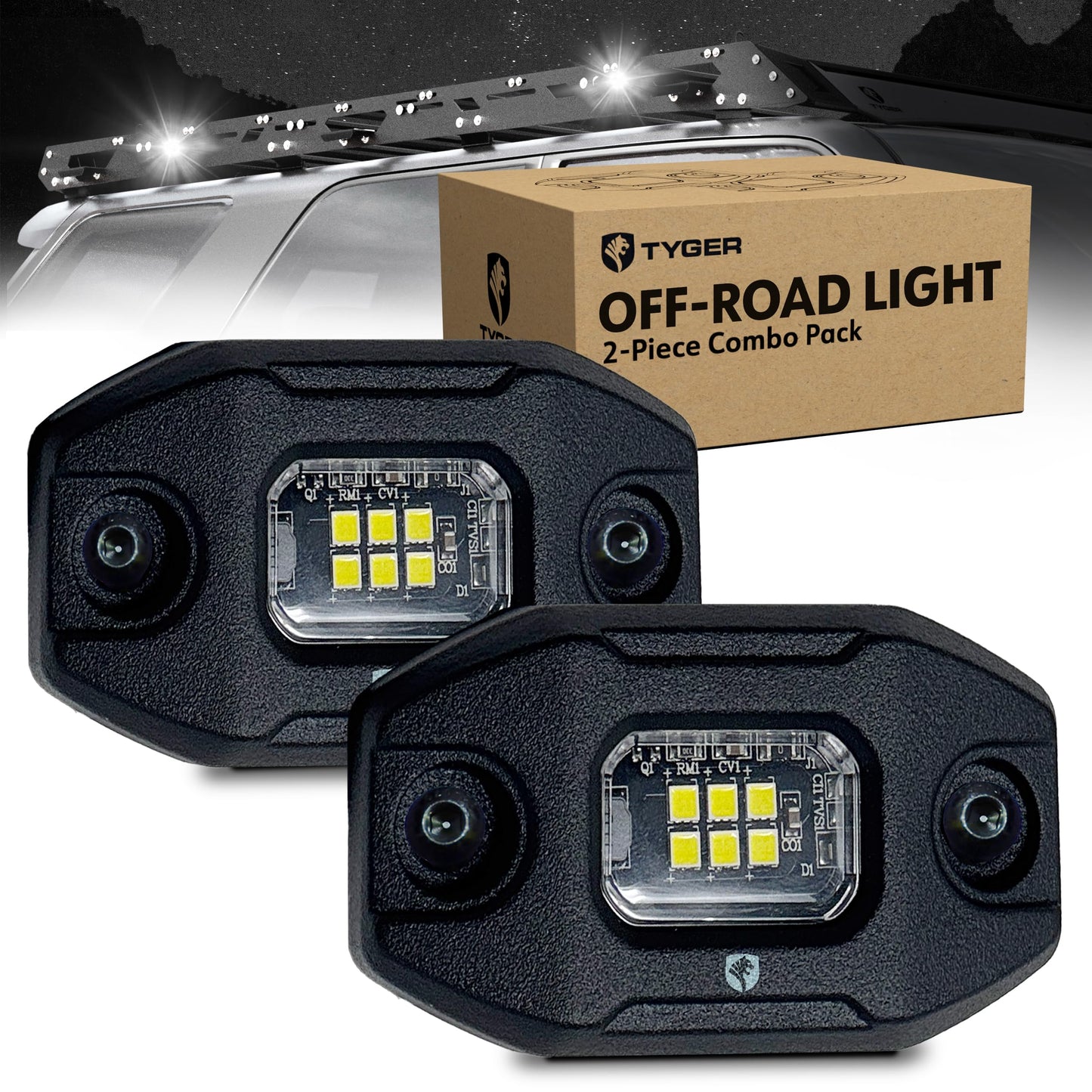Tyger Auto Off-Road Vehicle Rack LED Flood Light Pods | 2-Pack | 6500K Day White | Wire to 12V or 24V | 9W Each | IP68 / IP69K Waterproof | Flat or 30