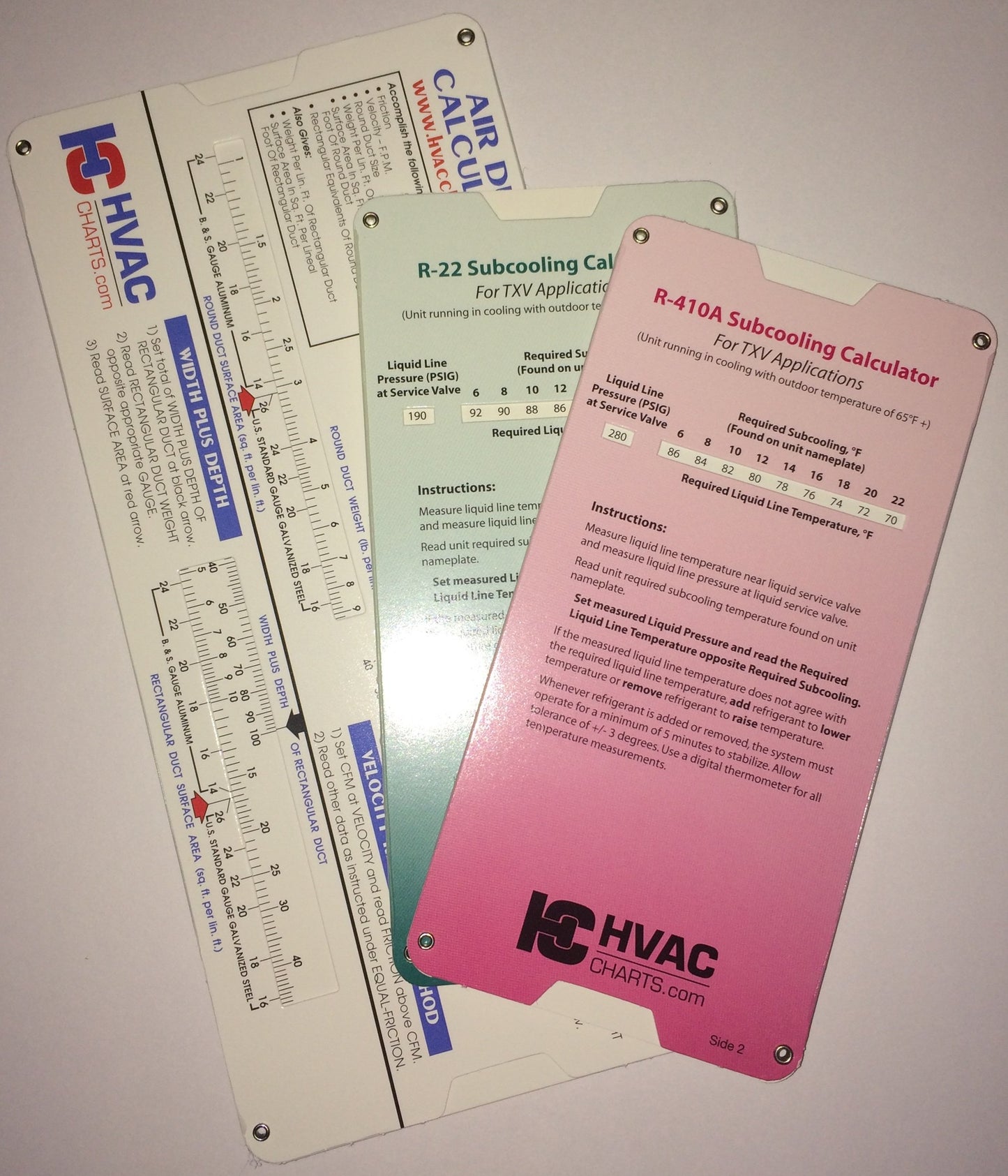HVAC Chart 3 Pack - R-22 & R-410a Superheat/Subcooling Calculators and Duct Calculator