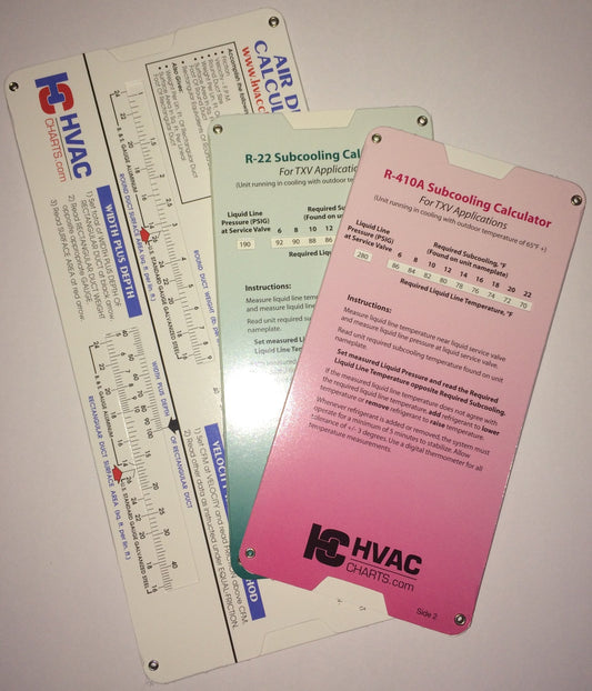 HVAC Chart 3 Pack - R-22 & R-410a Superheat/Subcooling Calculators and Duct Calculator