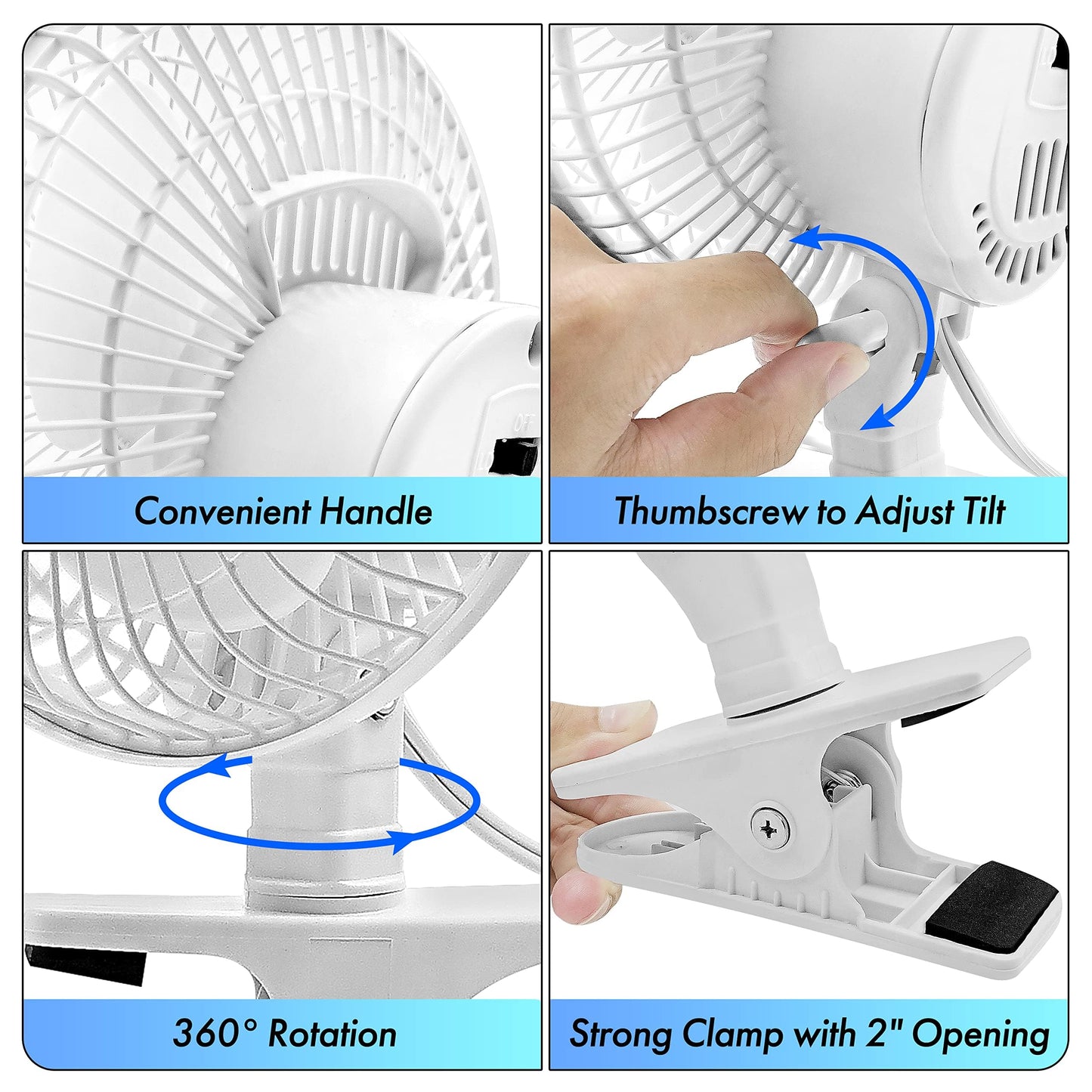 Comfort Zone Portable Clip on Fan with Fully Adjustable Tilt, Electric, 6 inch, Quiet, Indoor, 2 Speed, Mini Desk Fan, Table Fan, Airflow 6.53 ft/sec