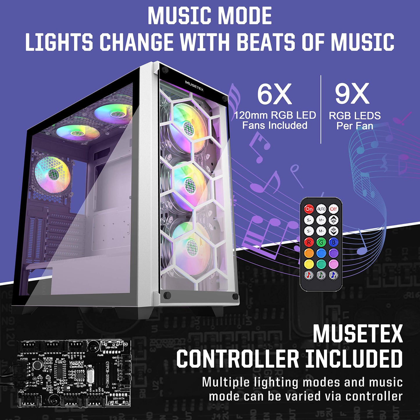MUSETEX 2× USB 3.0,6 PCS ARGB Fans,Mid-Tower Case,Tempered Glass Panels,Voice Remote Control,PC Gaming Case Computer Chassis Support E-ATX