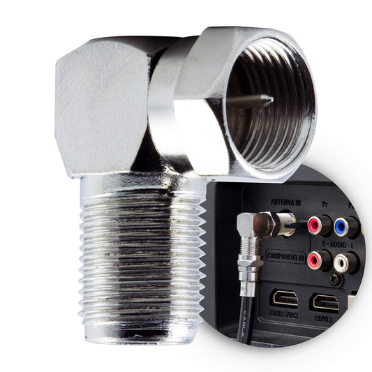 GE Right-Angle F-Type Connector Adapter for RG59 RG6 F-Type Coaxial Cables, 90-Degree Male-to-Female Connector, Screw-On Installation, No Tools