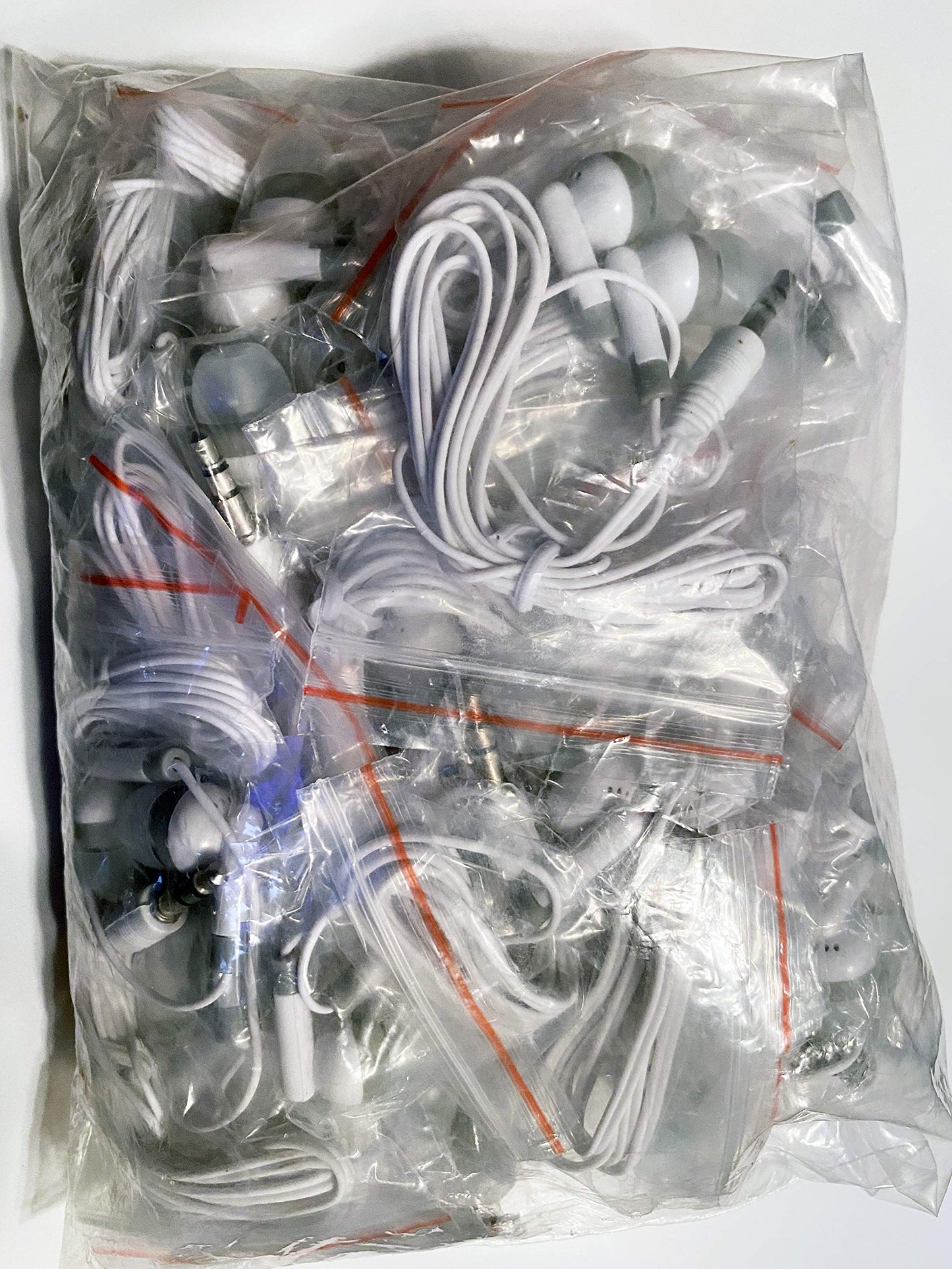 LowCostEarbuds Bulk Wholesale Lot of 25 White/Gray Earbuds Headphones - Individually Bagged