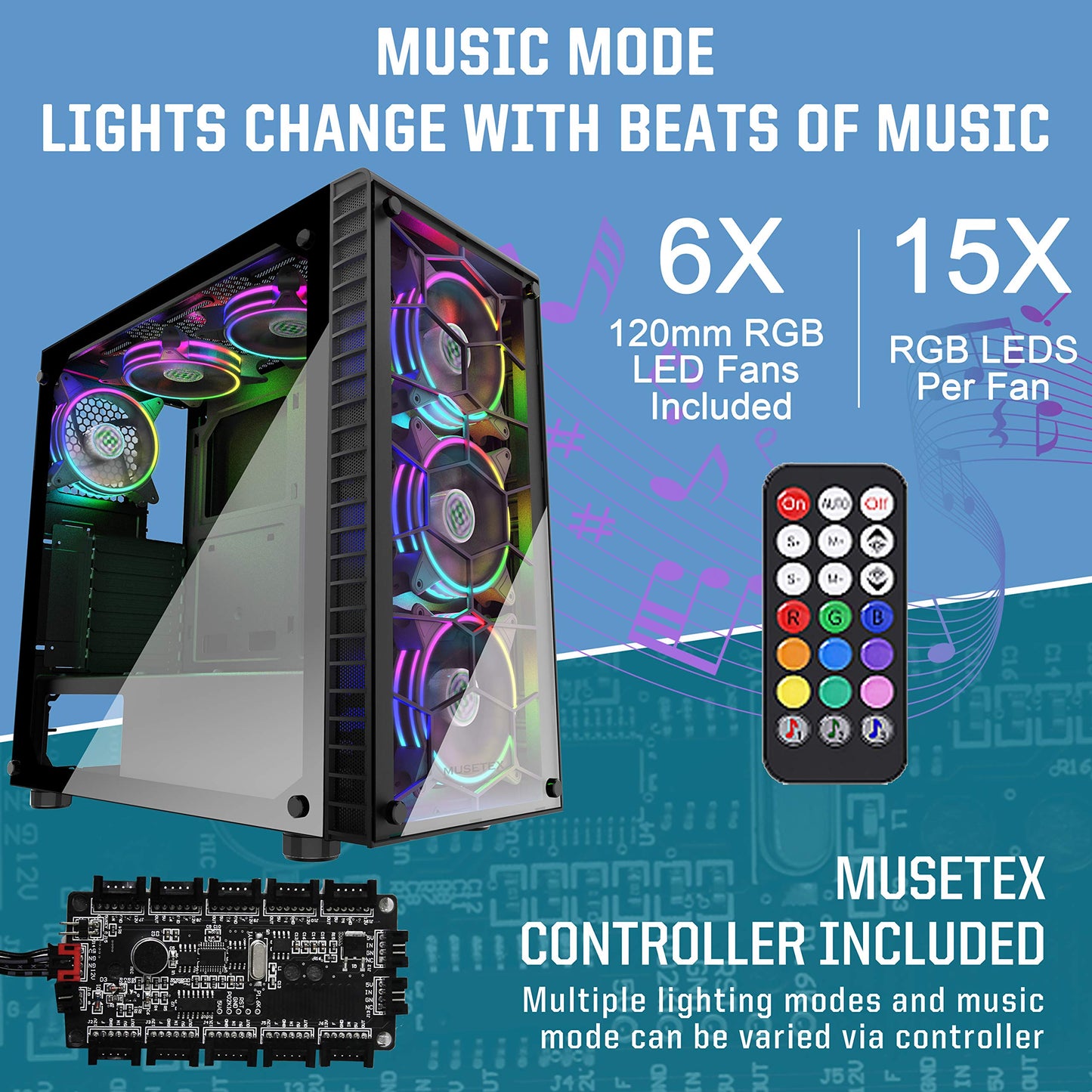 MUSETEX 6 ARGB Fans USB3.0 ATX Mid-Tower Case Phantom Black Honeycomb Airflow Music Remote Control 2 Tempered Glass Panels, Gaming PC Case Computer