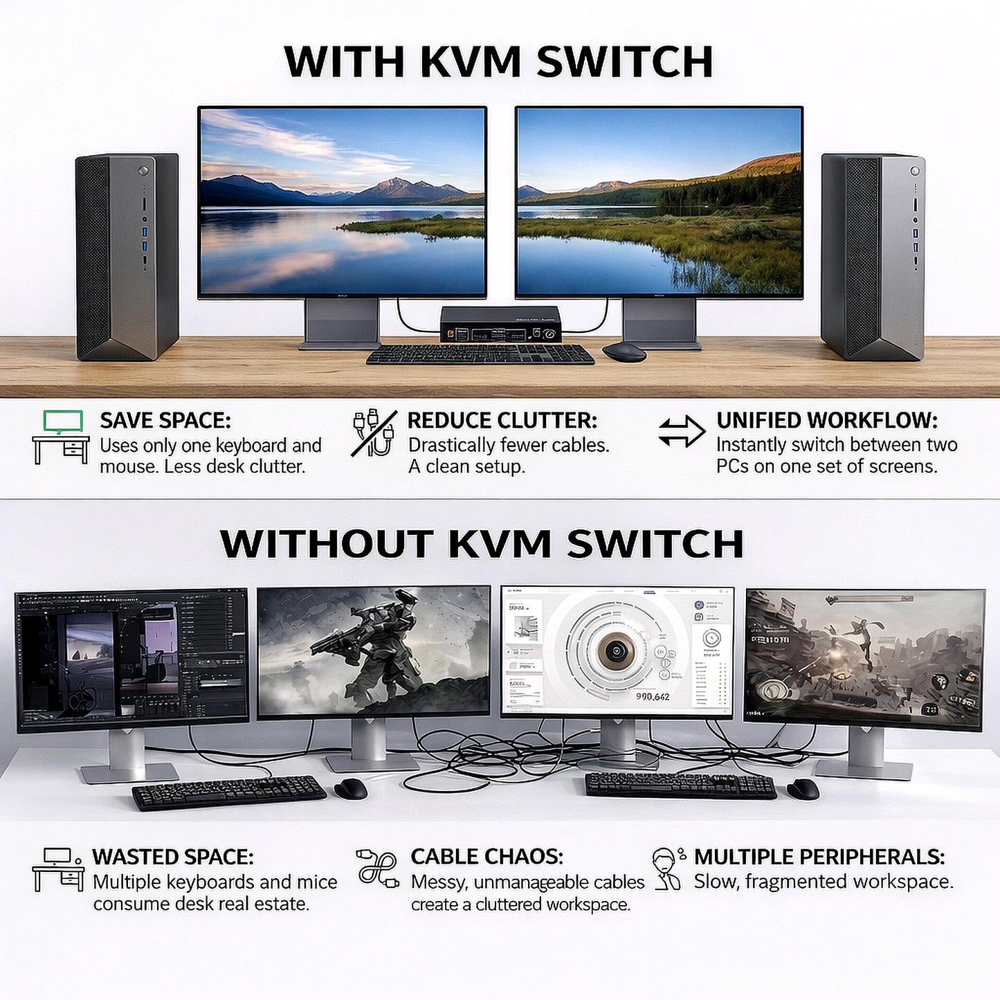 RubiPro HDMI KVM Switch 2 Monitors 2 Computers - Dual Display 8K@60Hz, 4K@120Hz, USB 3.0 Fast Data Transfer, Plug & Play for Windows/Mac/Linux with an