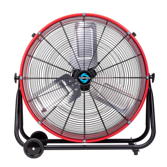 Tornado 24 Inch High Velocity Heavy Duty Tilt Metal Drum Fan Wide Version Red Commercial, Industrial Use 3 Speed 8800 CFM - 8 FT Cord UL Safety Listed
