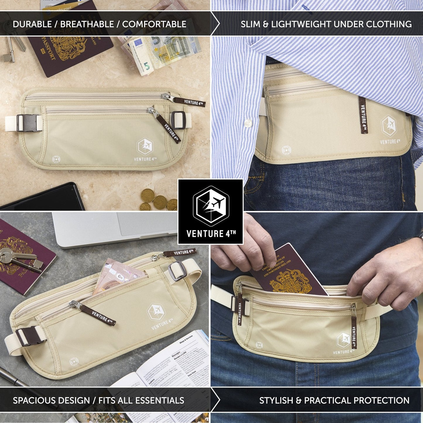 VENTURE 4TH Slim RFID Money Belt – Minimalist Travel Waist Pouch with RFID Blocking Sleeves for Cash, Cards, Passport & Phone, Beige