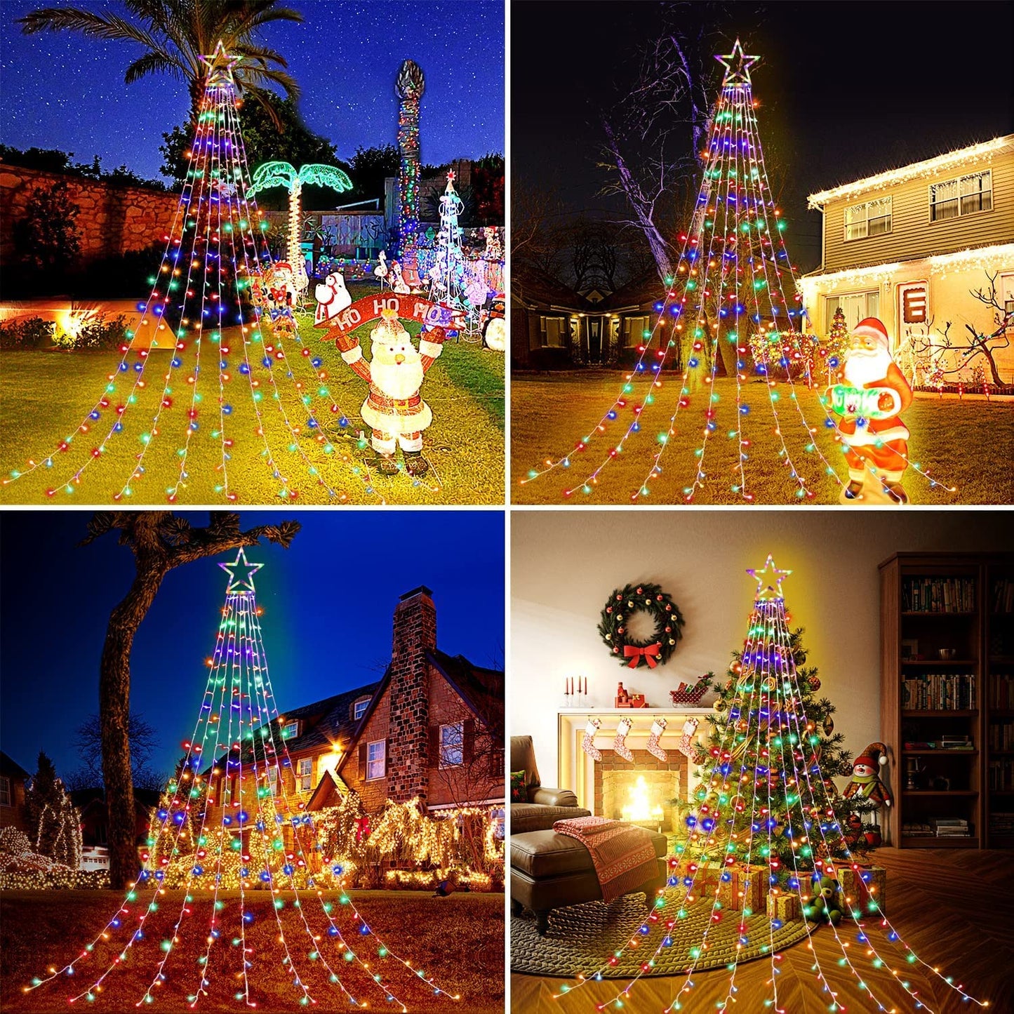 Christmas Decoration Lights, Outdoor Christmas String Lights 320 LED 11.5 Ft Waterfall Tree Light with Big Star Topper 8 Light Modes for Xmas New Year