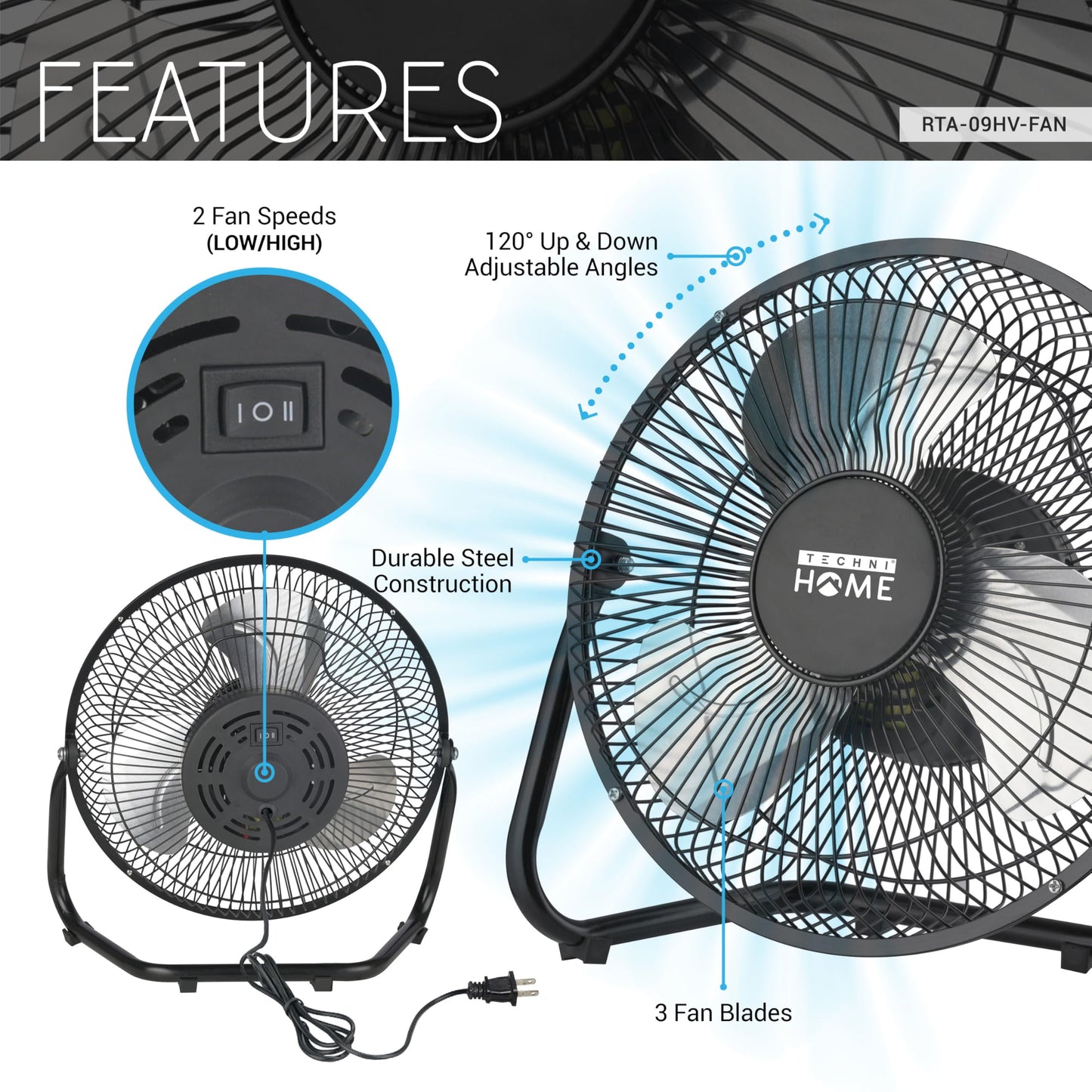 Techni Home 9" High Velocity Portable Electric Fan, 2‑Speed Floor/Table Fan