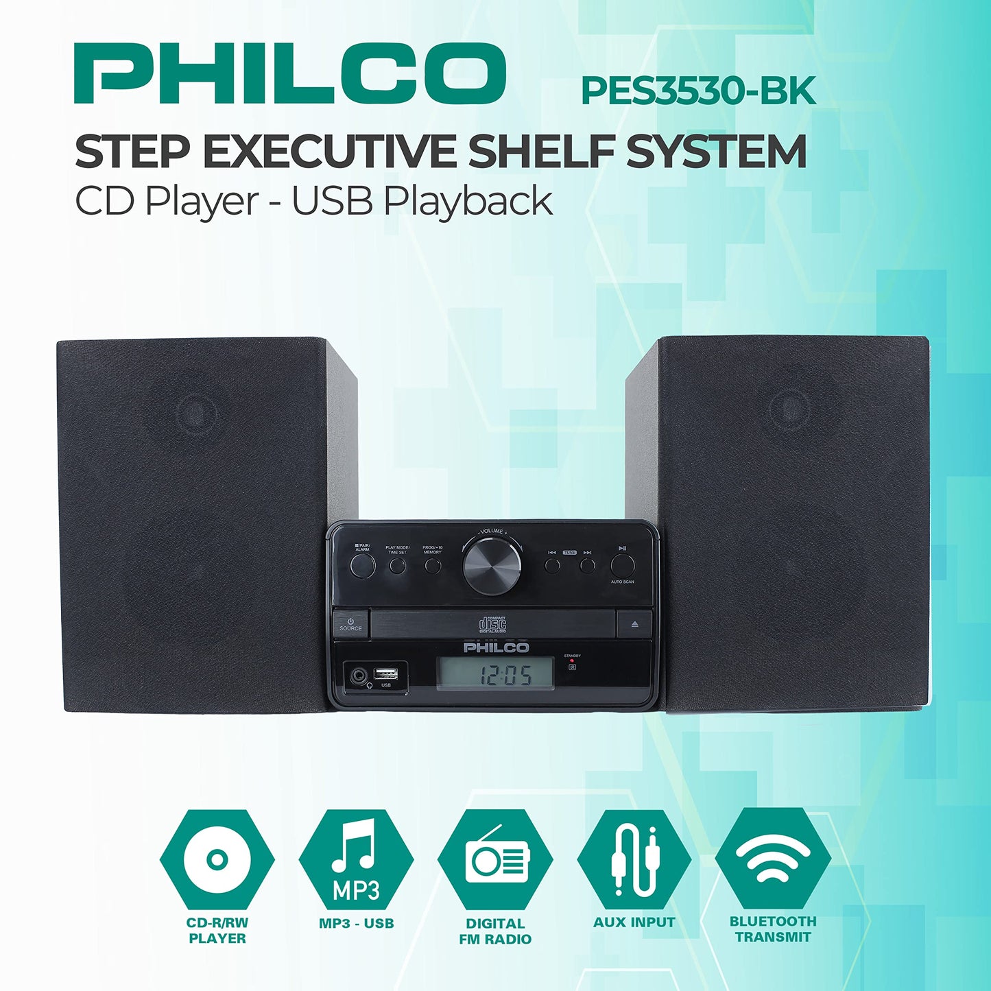 Philco Stereo Shelf Systems Tray Loading CD Player with Digital FM Radio, Bluetooth Streaming, Remote Control in Black | LCD Display | 3.5mm Headphone