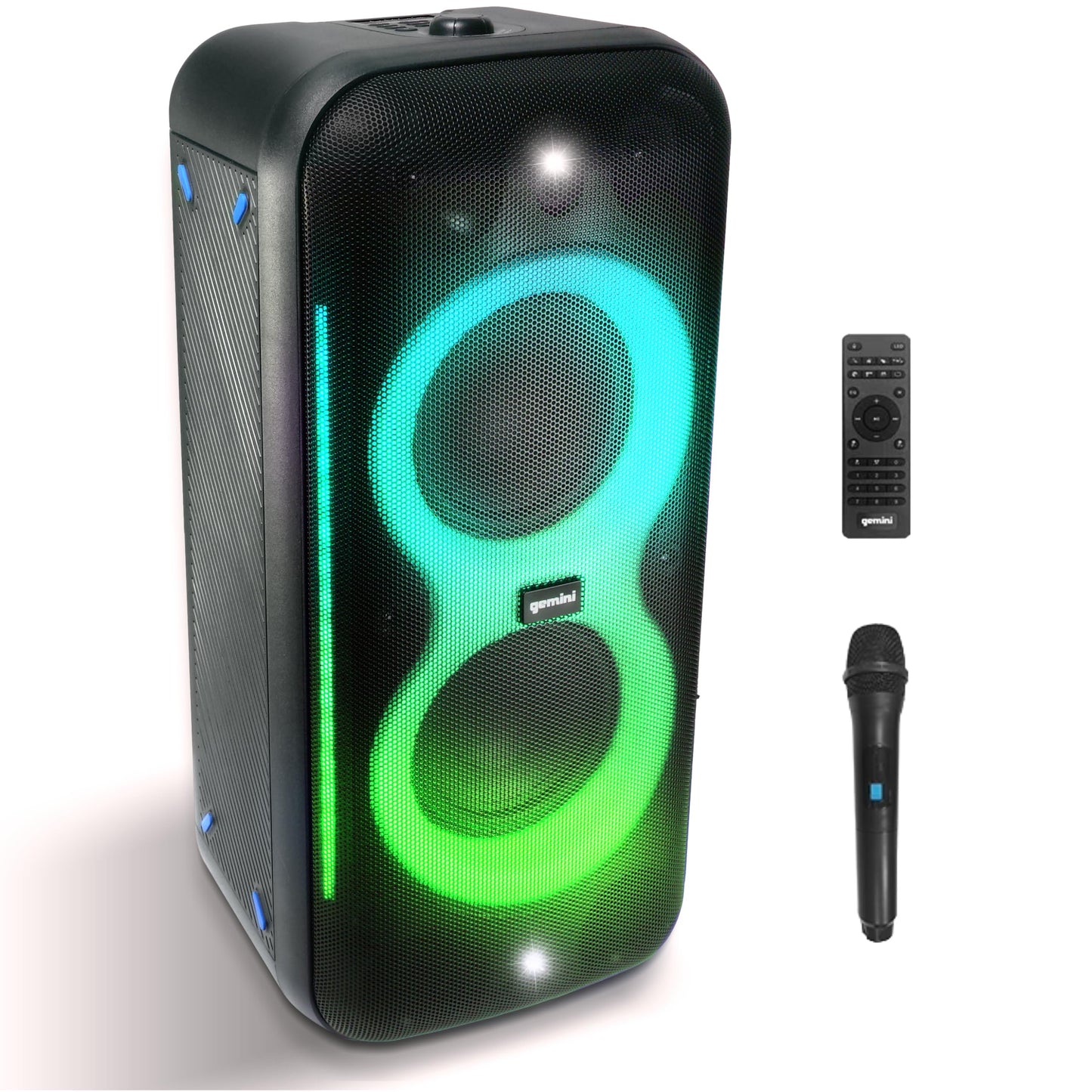 Gemini UltraRave Duo Bluetooth Party Speaker with Dual 6.5" Woofers, LED Lights, Wireless Mic, and Stereo Pairing for Indoor & Outdoor Events