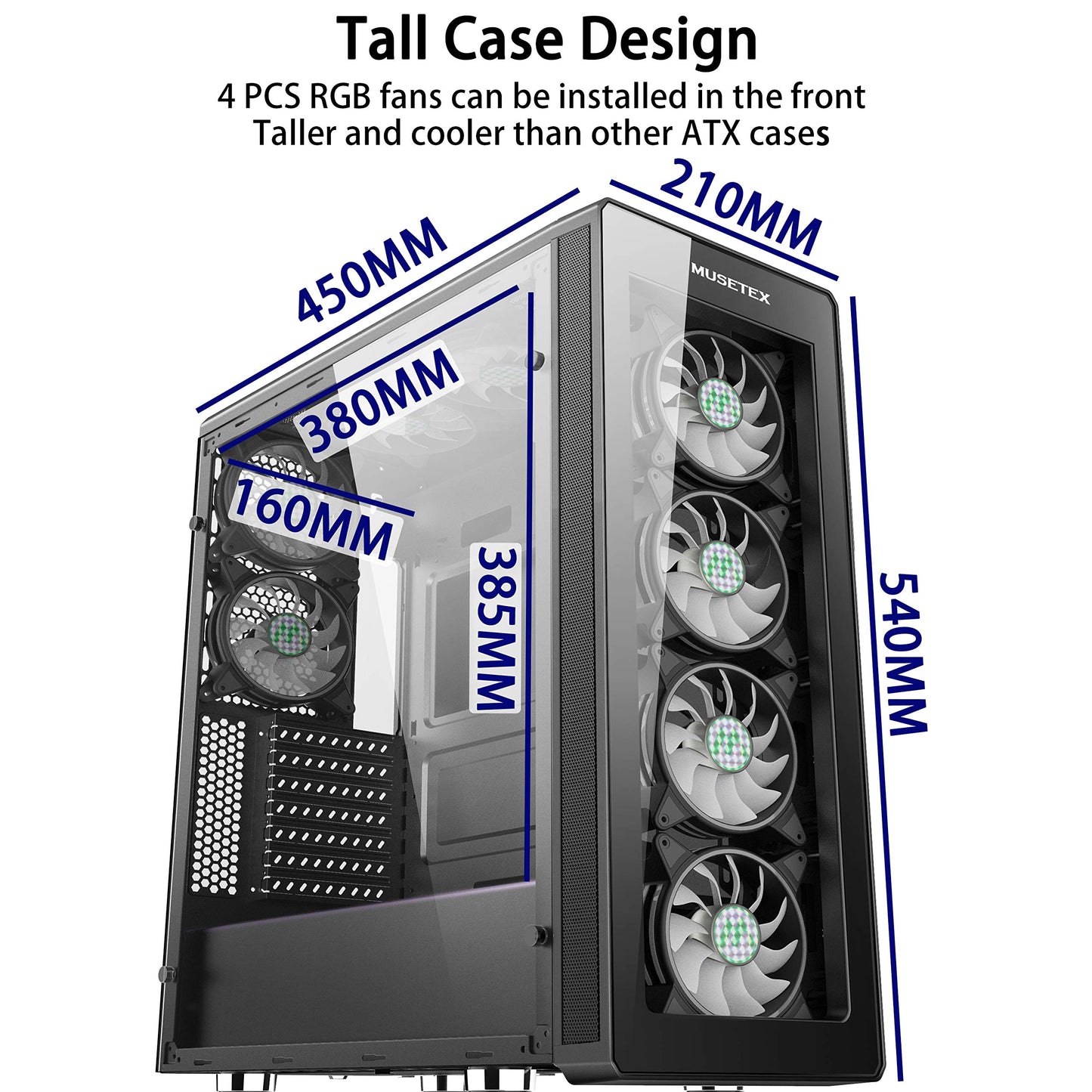 MUSETEX 8 PCS ARGB Fans ATX Mid-Tower Case with 2 × USB 3.0, Computer PC Gaming Case with Remote Control, Tempered Glass Cooling System/Airflow/Cable