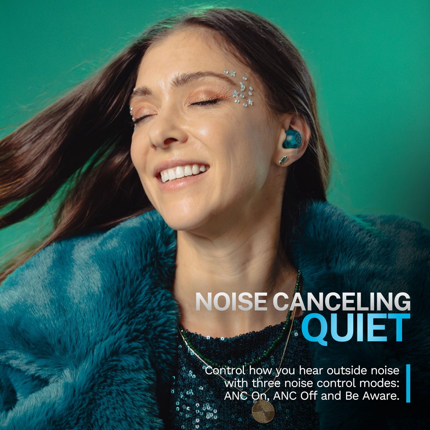 JLab, Go Pop ANC, True Wireless Earbuds, Active Noise Cancelling, Transparent Teal