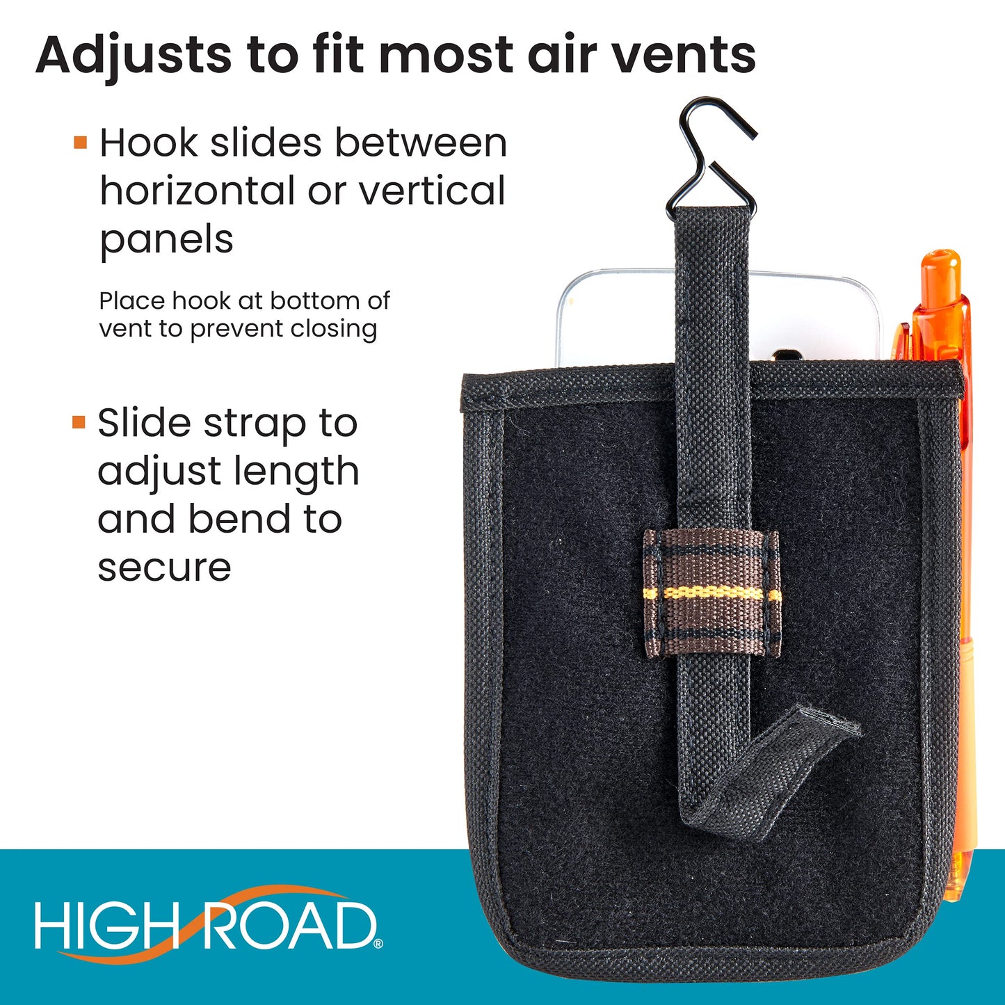 High Road Air Vent Mount Car Cell Phone Holder with Soft Lined Back Pocket and Front Mesh Storage Pocket