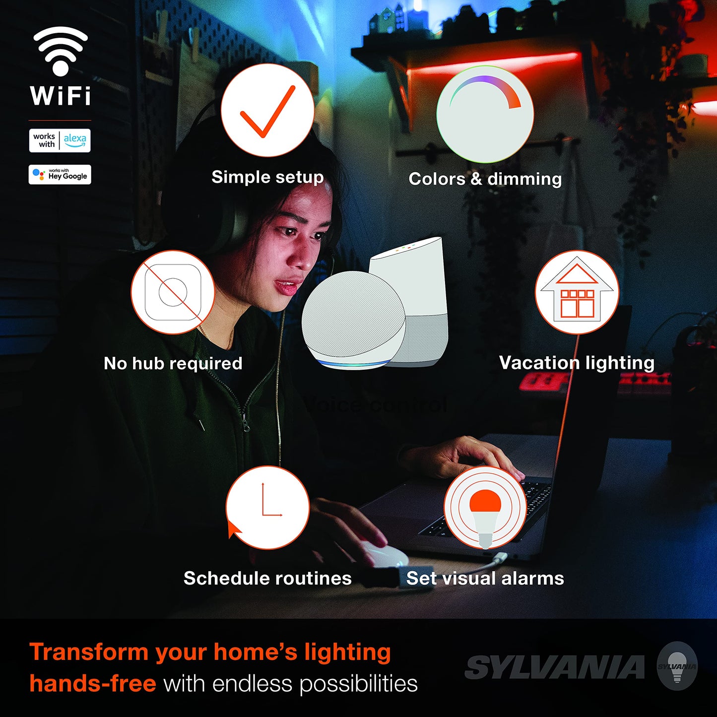 SYLVANIA Wifi LED Smart Strip Light Expansion Kit, 6.5ft, Indoor, Full Color & Adjustable White, Compatible with Alexa and Google Home Only - 1 Pack