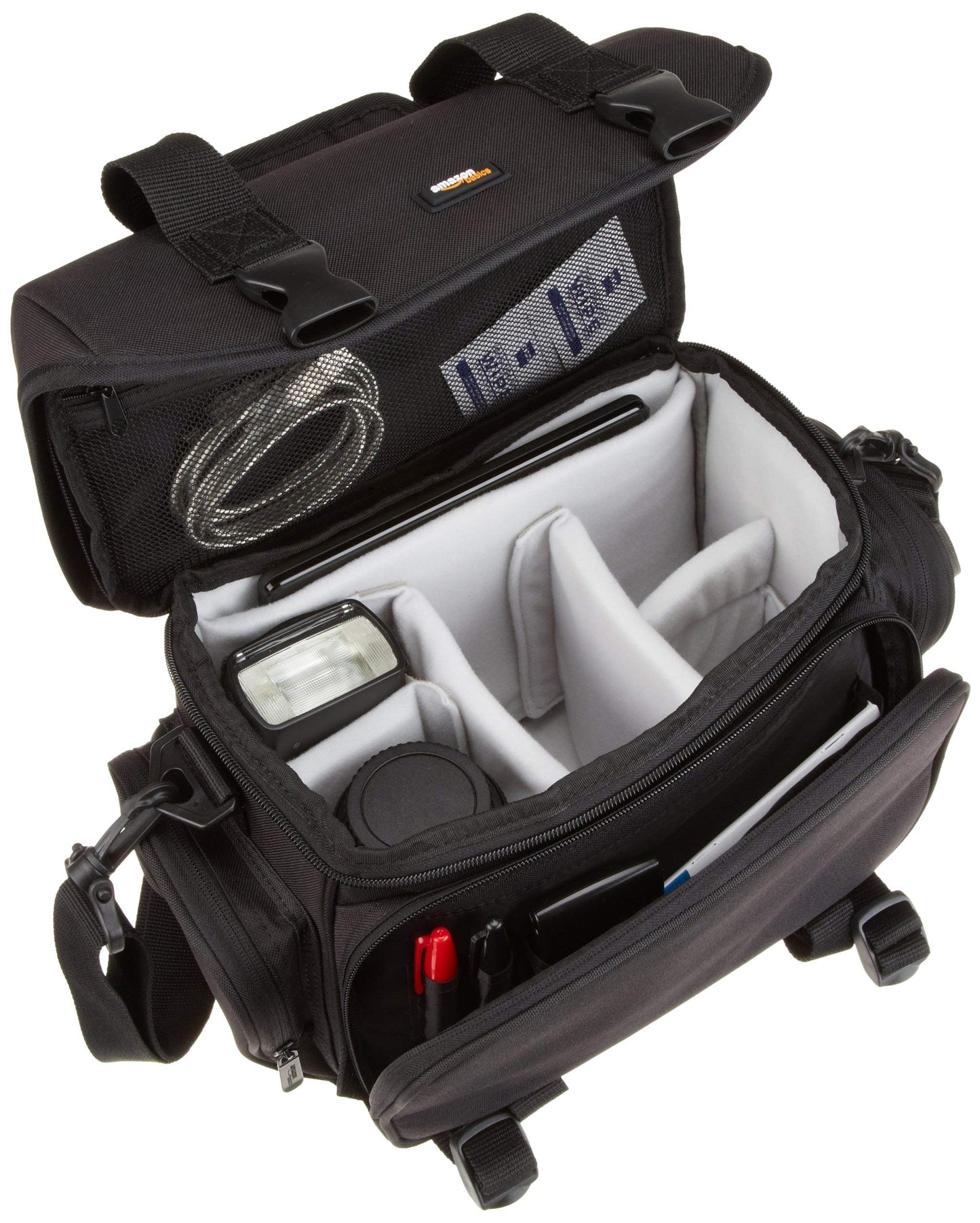 Amazon Basics Large DSLR Gadget Bag for Camera Storage with Shoulder Strap, Black with Grey Interior
