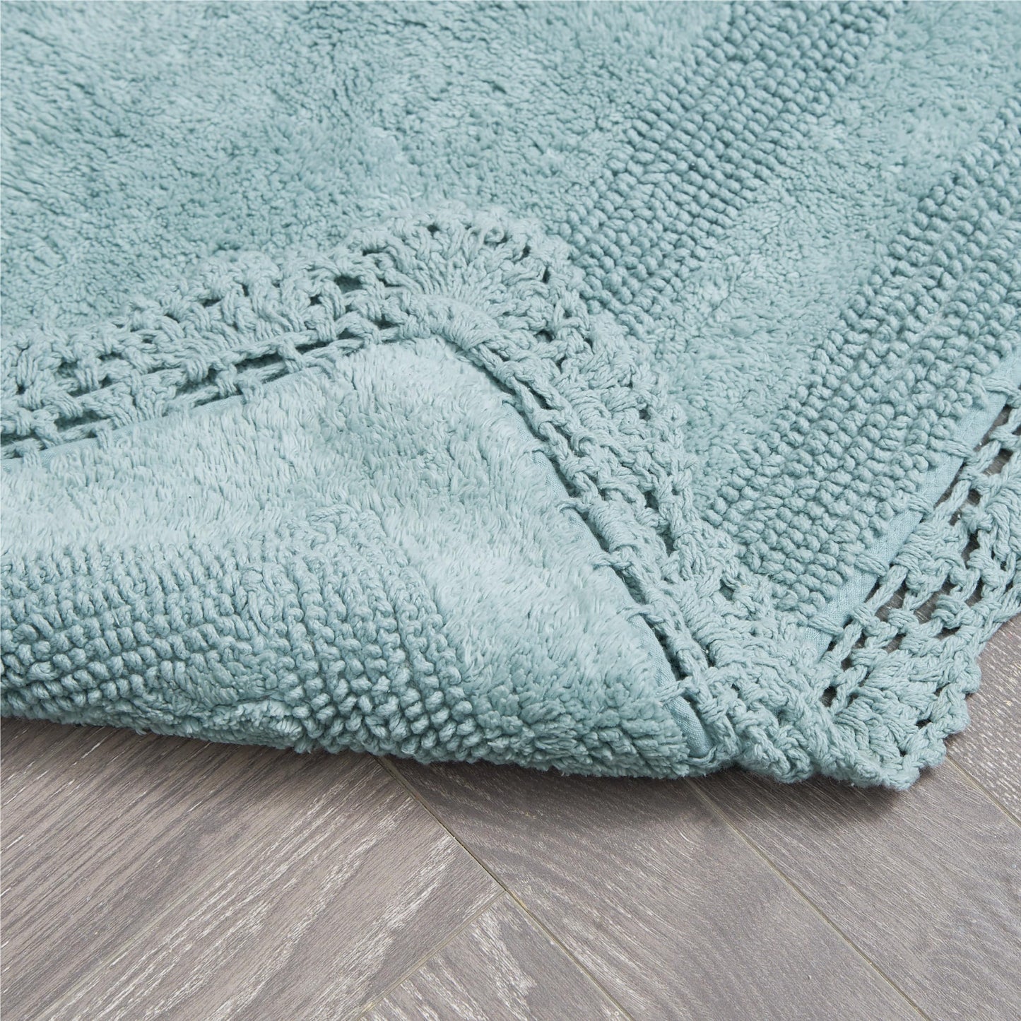 Laura Ashley Absorbent Bath Mat Reversible Crochet Soft and Plush Bathroom Mat 100% Cotton 17x24 Bath Rug, Aqua Blue