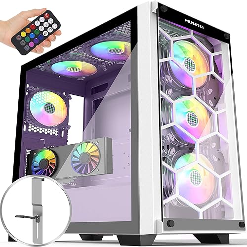 MUSETEX 2× USB 3.0,6 PCS ARGB Fans,Mid-Tower Case,Tempered Glass Panels,Voice Remote Control,PC Gaming Case Computer Chassis Support E-ATX