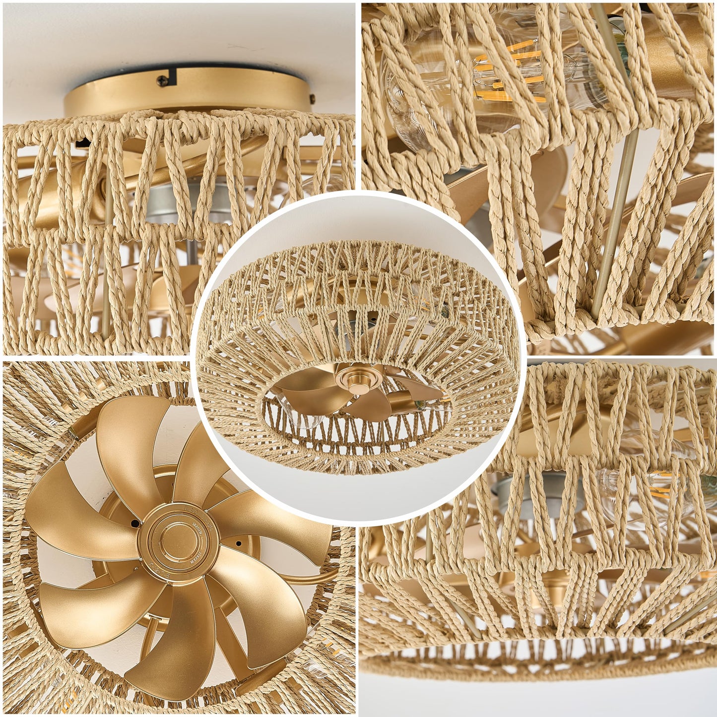 Bewishing 20" Rattan Fandelier Ceiling Fan with Light, Boho Flush Mount