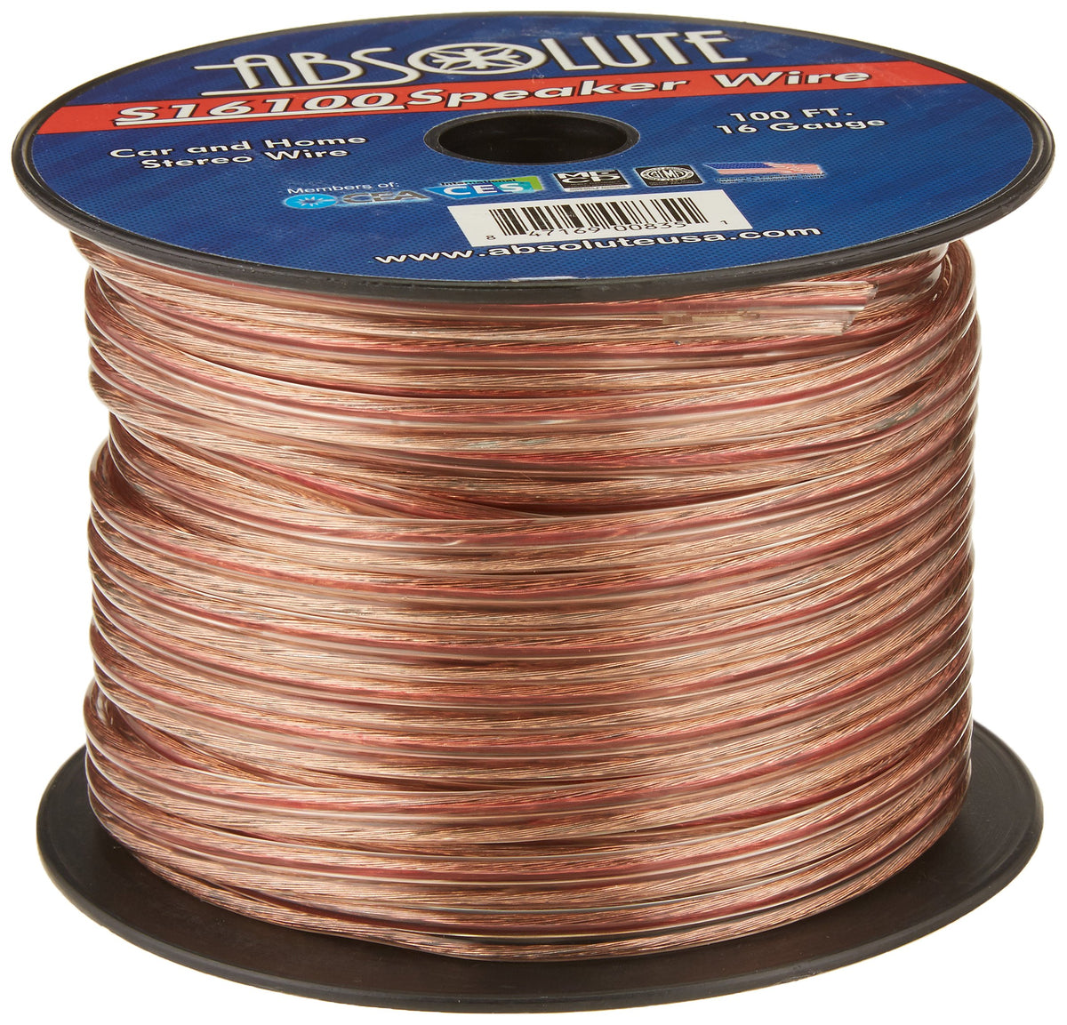 Absolute S16100 100-Feet 16 Gauge Car and Home Stereo Clear Speaker Wire
