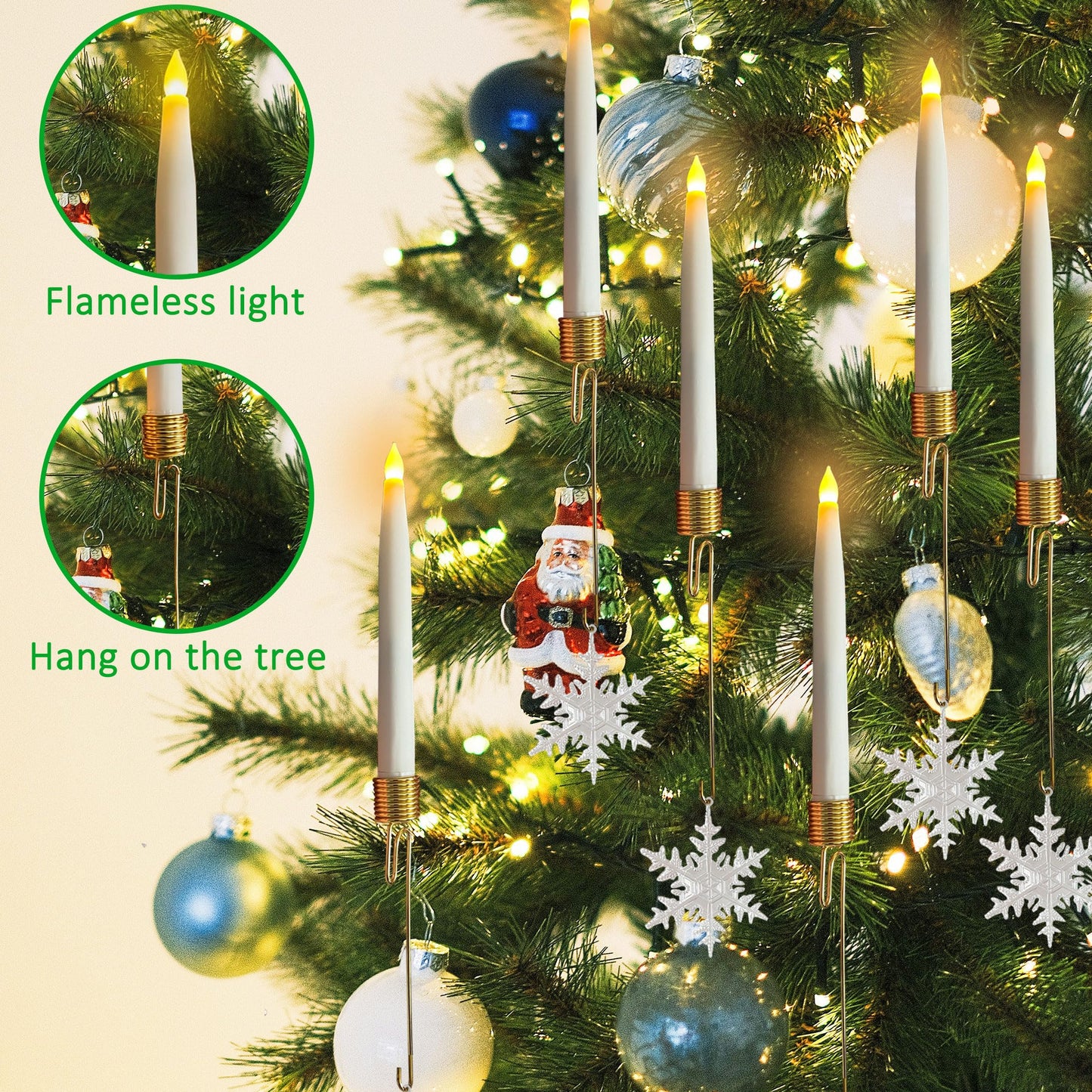 Htscudtg Christmas Tree Candles with Remote,10 Pcs LED Flameless Taper Candles with Clear Snowflake for Christmas Tree Decor, Battery Operated Tree