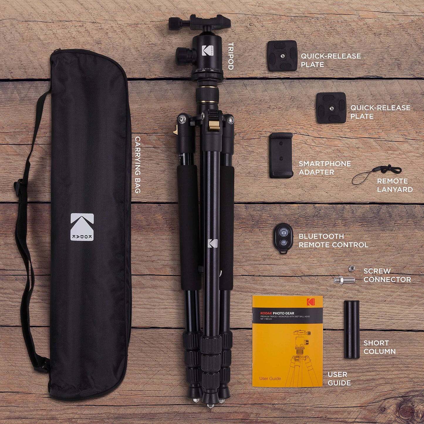 Kodak Photo Gear 63” Tripod & Monopod with 360° Ball Head | Premium Professional 2-in-1 Aluminum Camera Stand with Bluetooth Remote Control