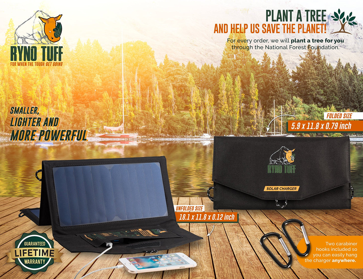 Ryno Tuff 21W Lightweight Portable Solar Charger for Camping - Foldable Solar Powered Cells with 2 USB Ports To Fast Charge Smartphones, Tablets