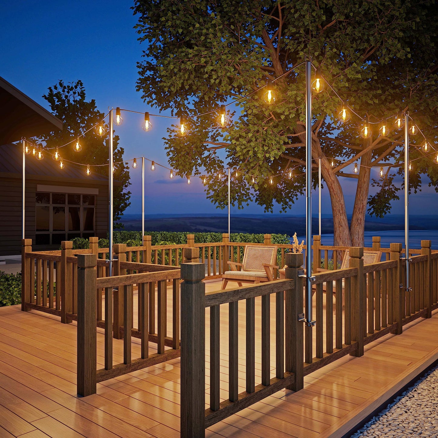 Antsky 2 Pack String Light Poles - Stainless Steel 6.5FT Deck Lights Poles with 2 Wall Hooks for Outdoor Light, String Lights, with SS Screws for Wood
